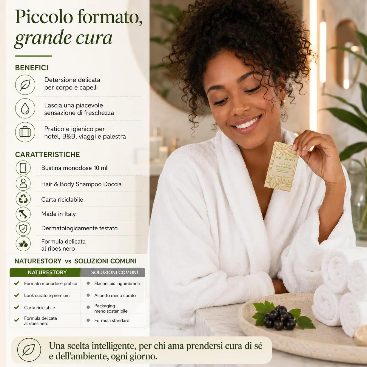 Bustine Shampoo Doccia Hotel 10 ml Monodose – Linea Cortesia B&B Made in Italy, Delicato con Ribes Nero, Eco Carta Riciclabile