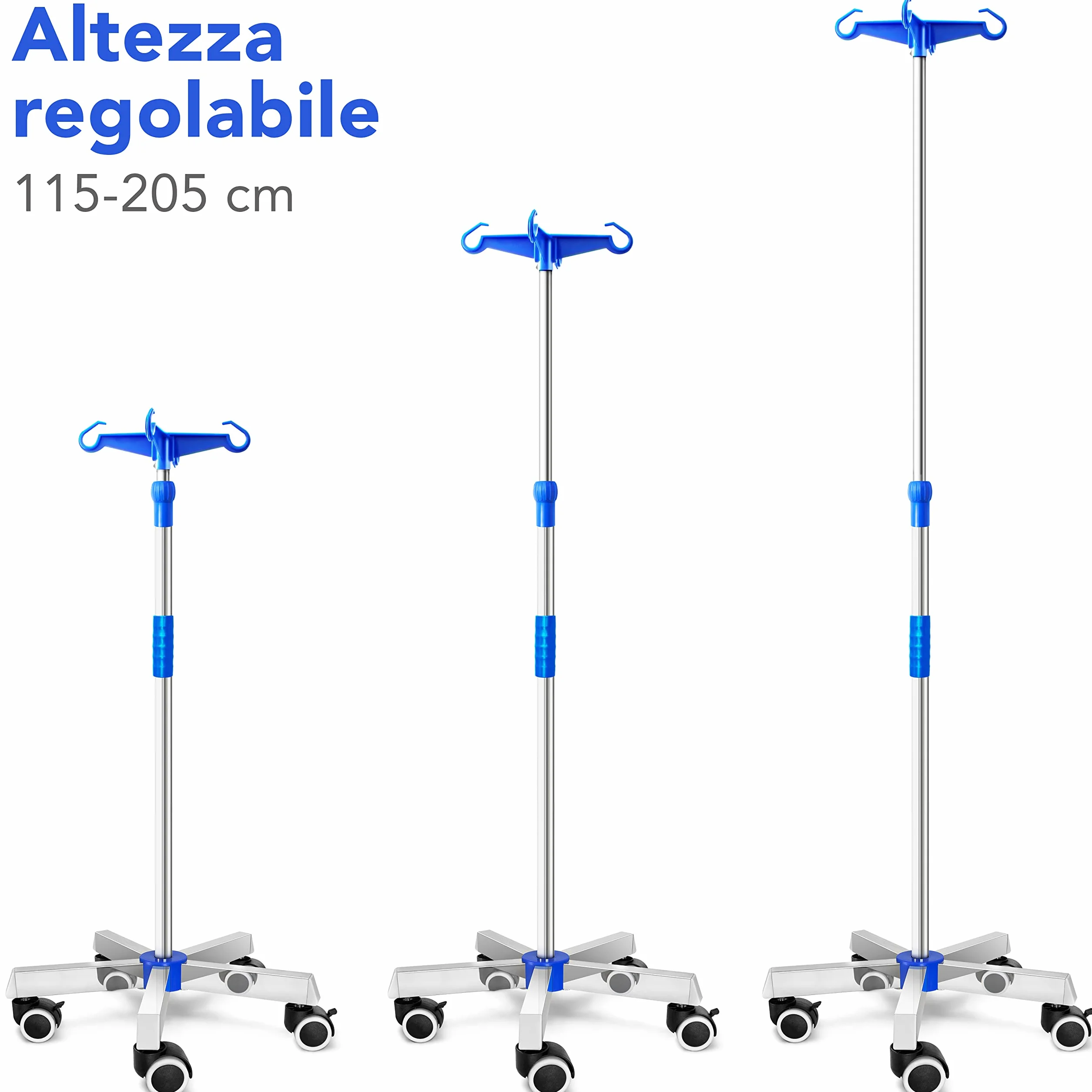 AIESI® Asta per flebo in ACCIAIO INOX con 4 ganci in plastica e ruote piroettanti con freno, Incluso 2 supporti reggiflacone da 100 ml, Garanzia Italia 24 mesi