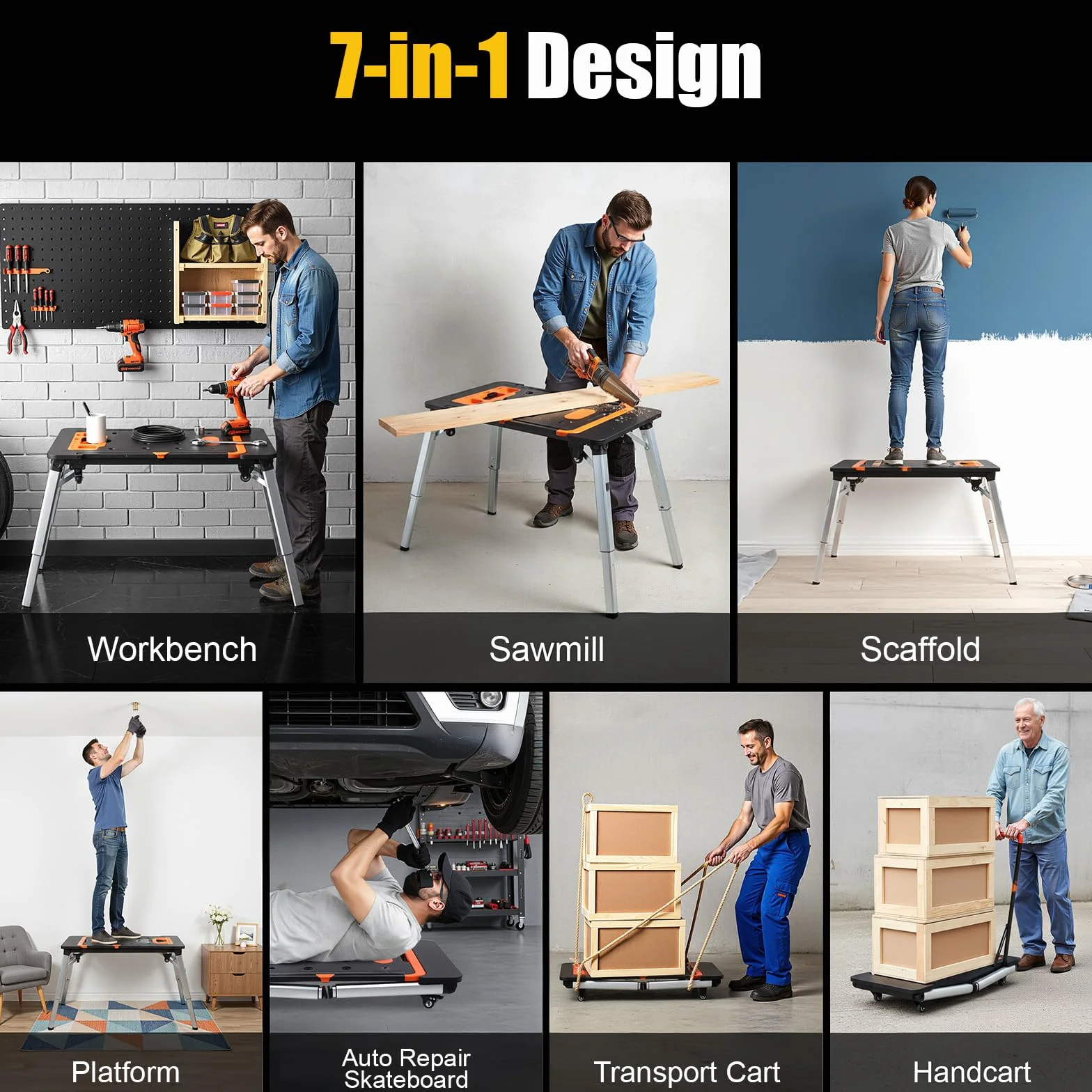 Banco da lavoro universale pieghevole 7 in 1 Tavolo multifunzione Skateboard Carrello a mano Cavalletto da segare Gambe da tavolo regolabili in altezza 1140 x 590 mm