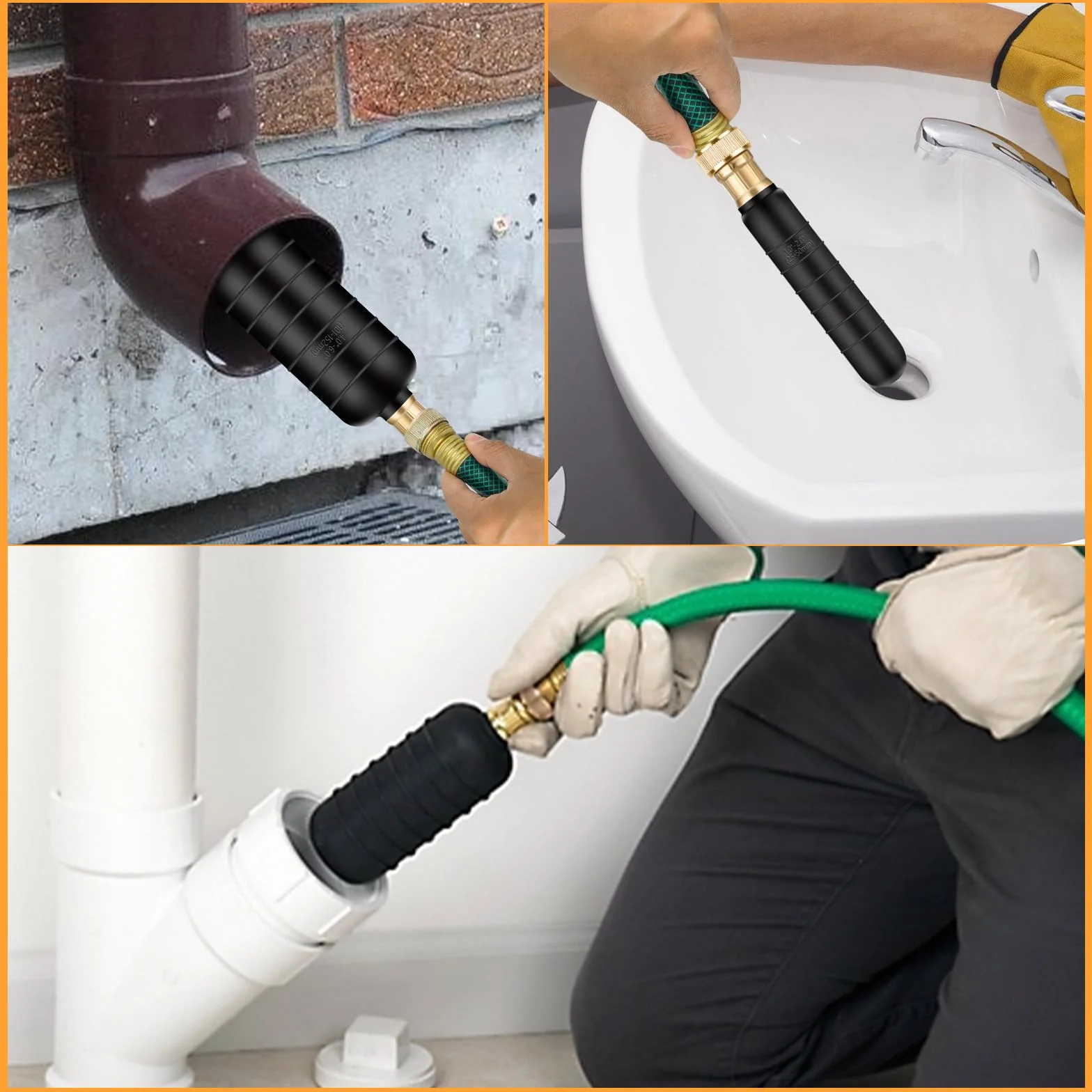 Pulitore per scarico, 3 pezzi, in gomma, per scarichi da 2,5 a 15,2 cm, pulitore per tubi con valvola di intercettazione da 3/4 pollici, pulitore di scarico per eliminare intasamenti dei tubi nel