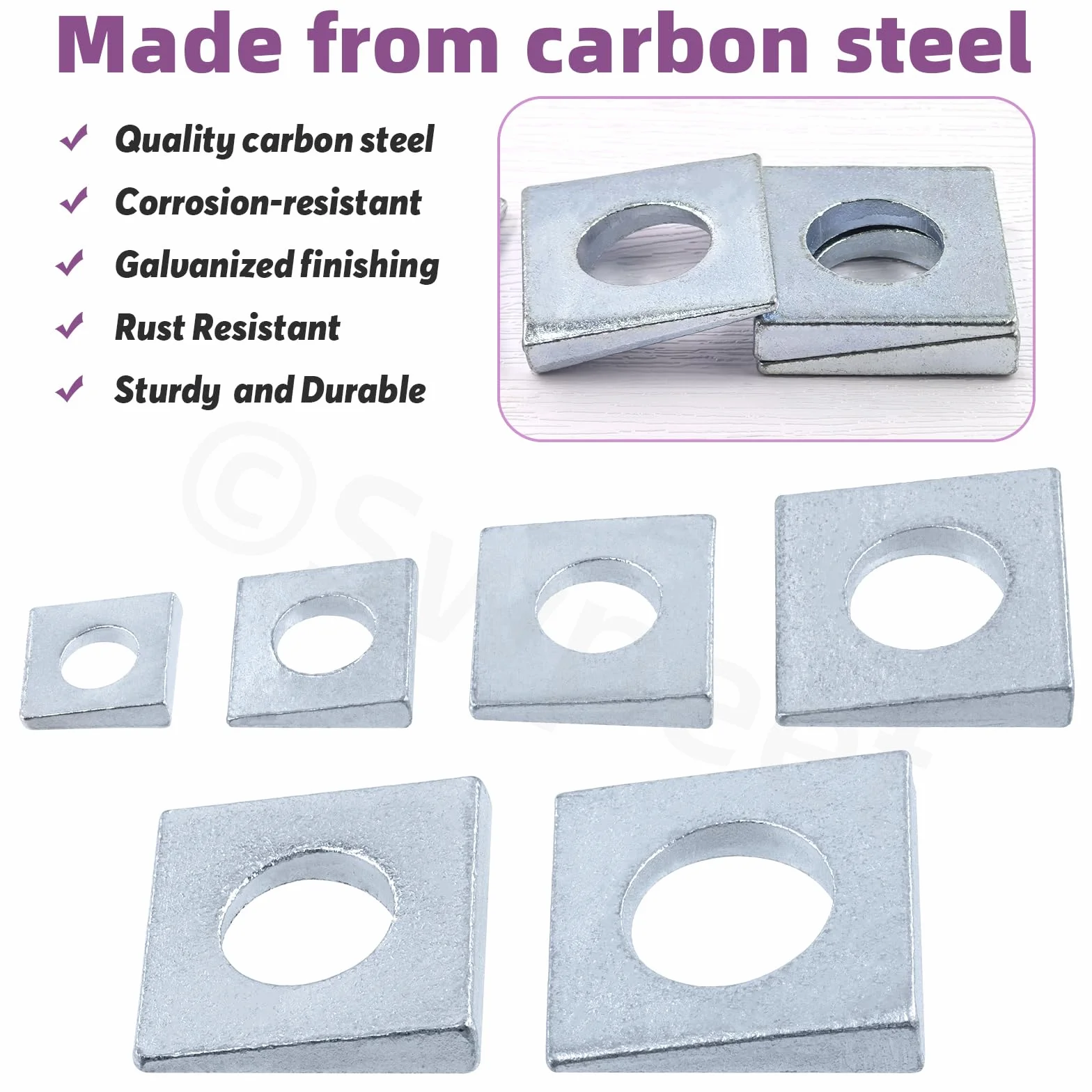 Swpeet 34Pcs 6 dimensioni M8 / M10 / M12 / M16 / M18 / M20 argento zincato fascicolato set assortimento di rondelle quadrate, rondelle a forma di cuneo in acciaio al carbonio semplice per Shim