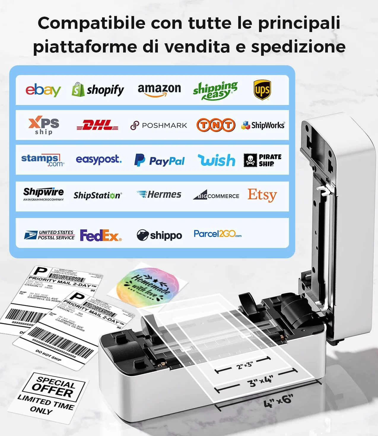 Phomemo Stampante per etichette Bluetooth, PM241BT stampante termica DHL 4XL per Mac/PC, stampante Bluetooth per codici a barre, Amazon, Etsy, Shopify, Royal Mail, DHL, FedEx, UPS