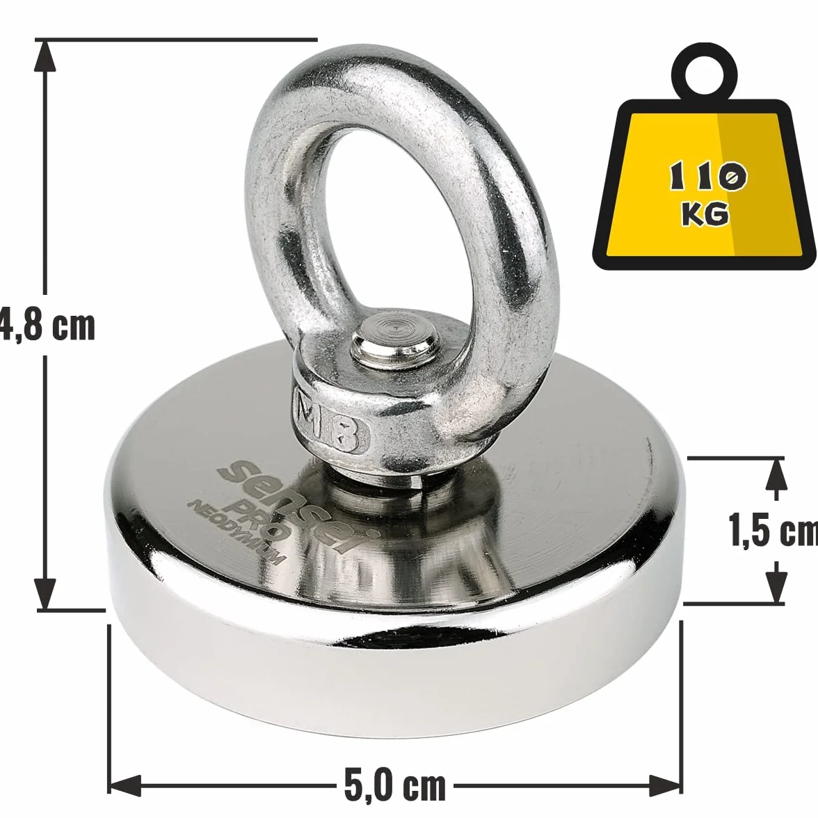SENSEI® Magnete al Neodimio Potente – 110 kg di Forza, Ø 50 mm – Super Forte Calamita con Dado ad Occhiello da Pesca Magnetica, Uso Industriale, Casa, Officina e Sollevamento