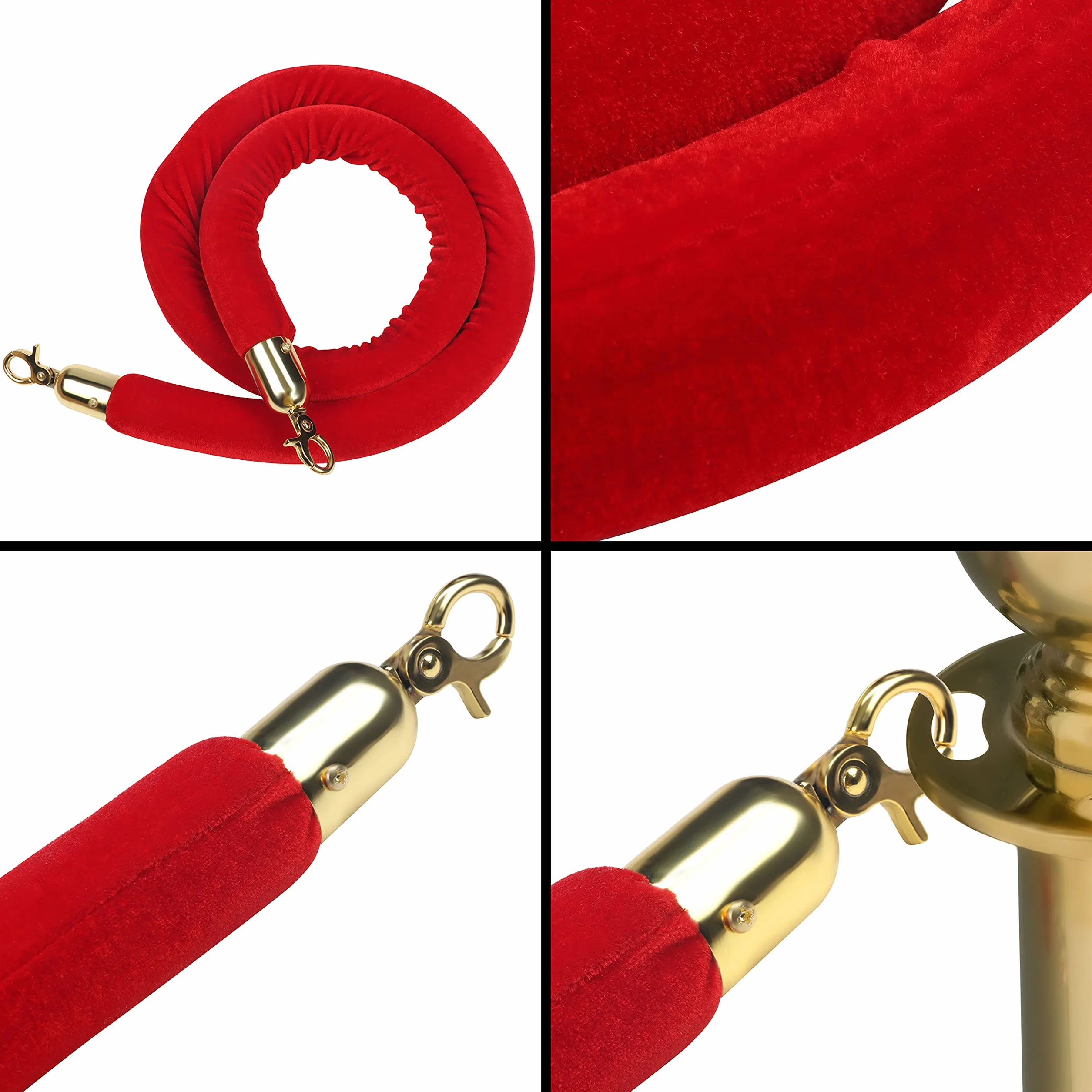 Belle Vous 2pz Corda Corrimano per Paletti Delimitazione In Velluto Rosso- L150 x P3,5 cm - Cordone Intrecciato con Moschettoni Dorati Lucidi Testa a Sfera per Transenna Eliminacode Paletti Divisori