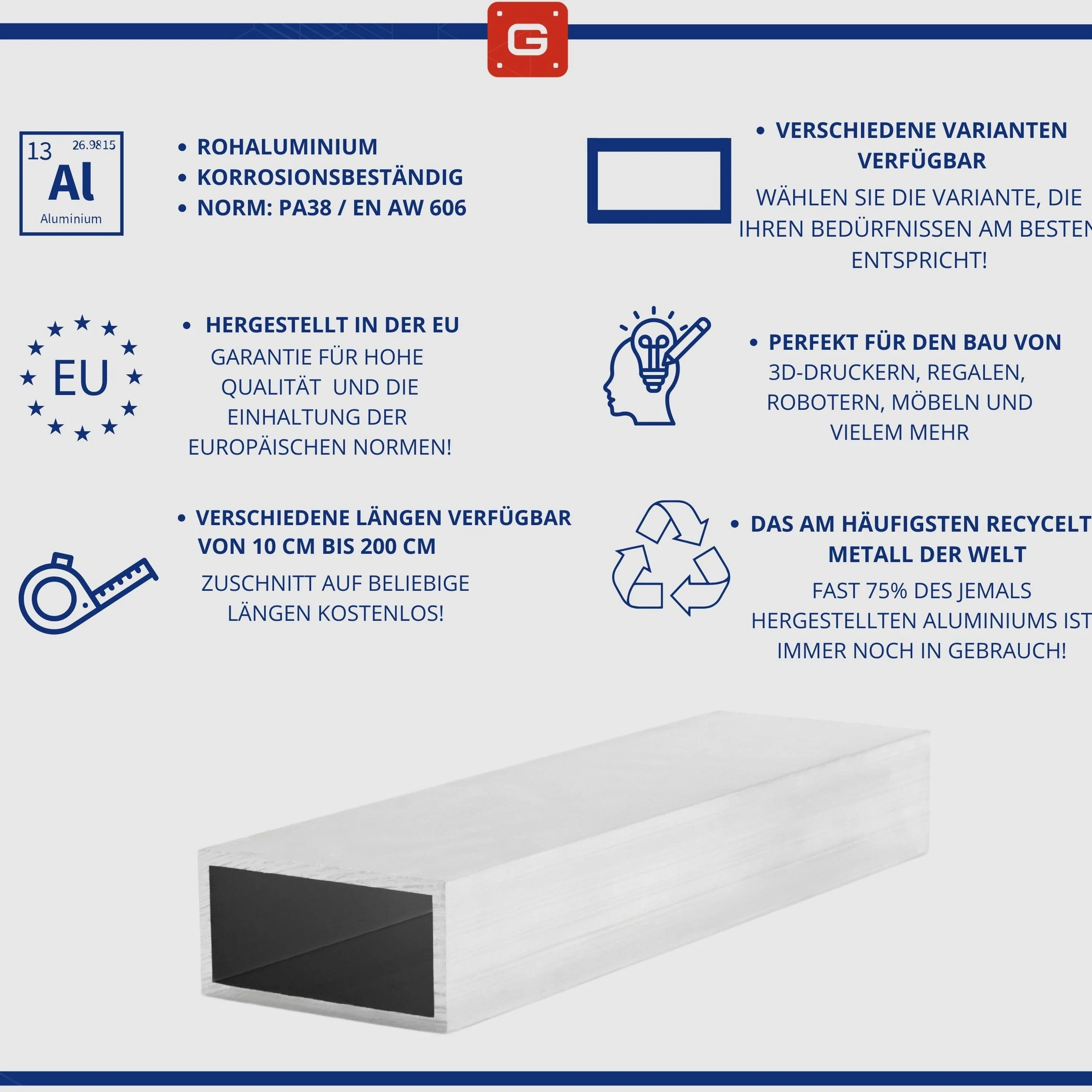 GAL-INDUSTRIAL Tubo Rettangolare in Alluminio 30 x 20 x 2 mm Lunghezza 250 cm Profilo Quadrato Tagliato a Misura