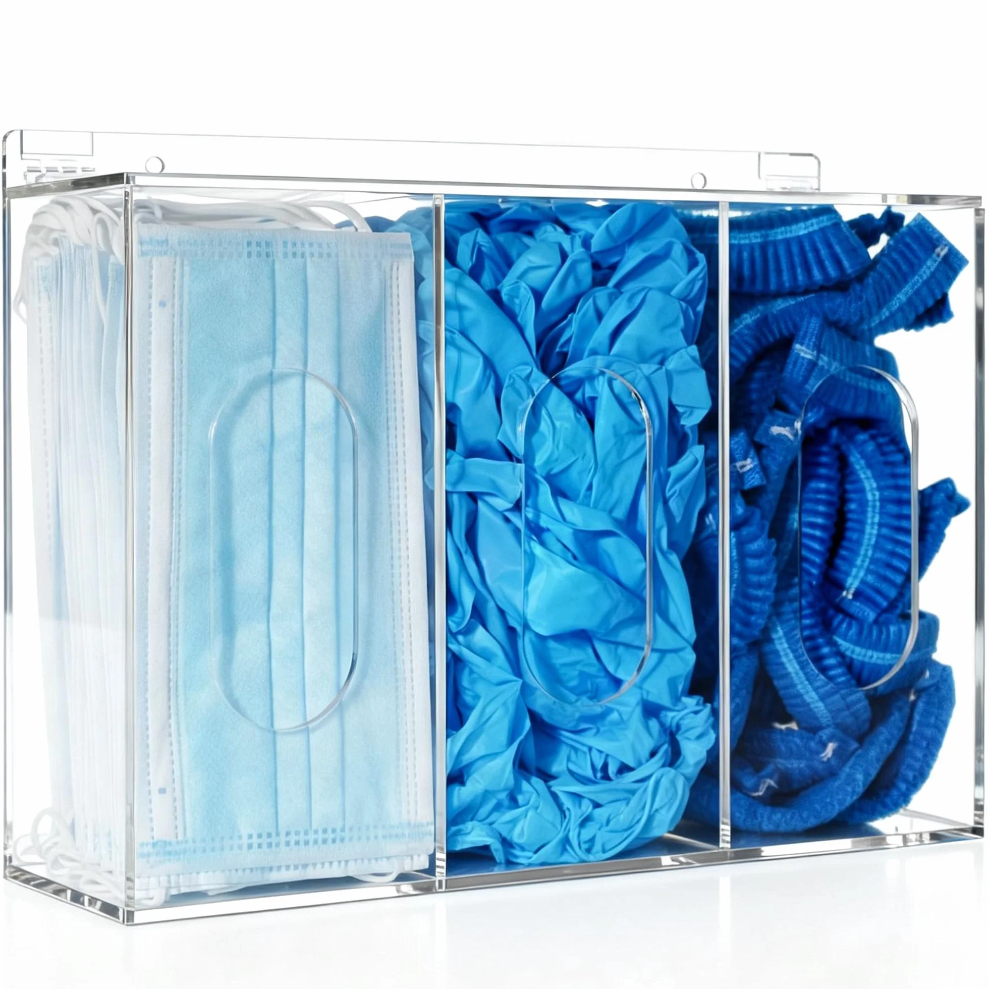 Dispenser per capelli e copriscarpe, dispenser a 3 scomparti, con coperchio, in acrilico, per maschere, guanti usa e getta, trasparente