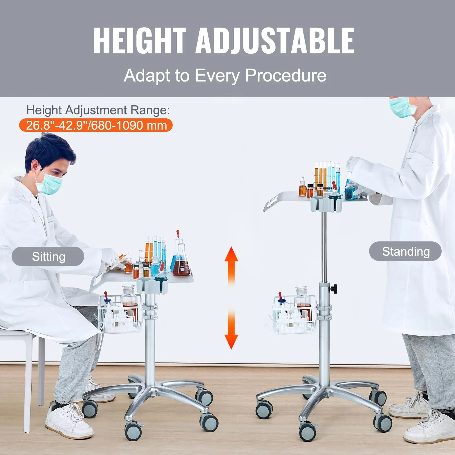 VEVOR Carrello medico regolabile in altezza 26,77"-42,91" con rotelle per laboratorio clinica