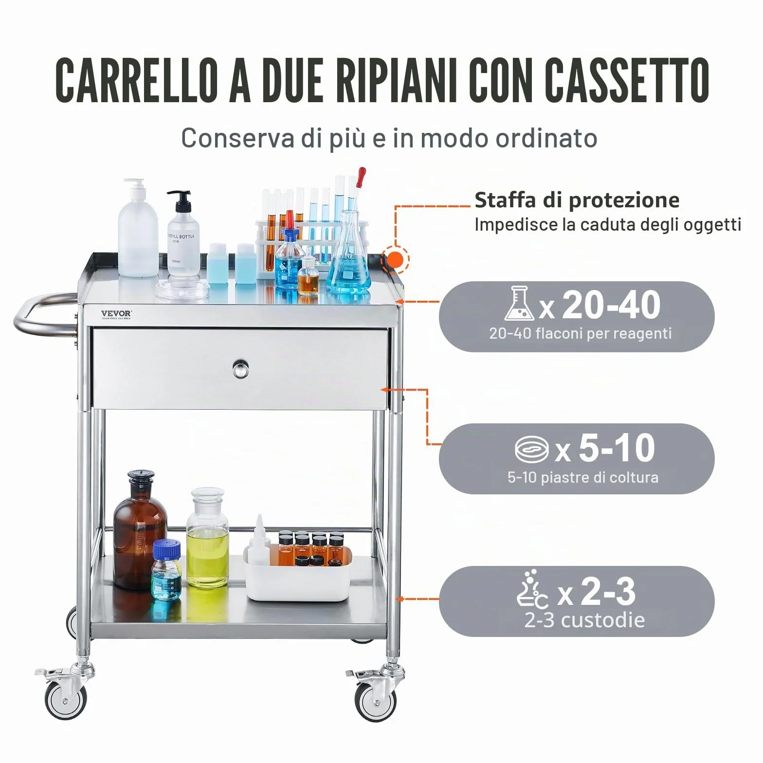VEVOR Carrello da Laboratorio in Acciaio Inox 2 Ripiani 100kg 710 x 421 x 785 mm