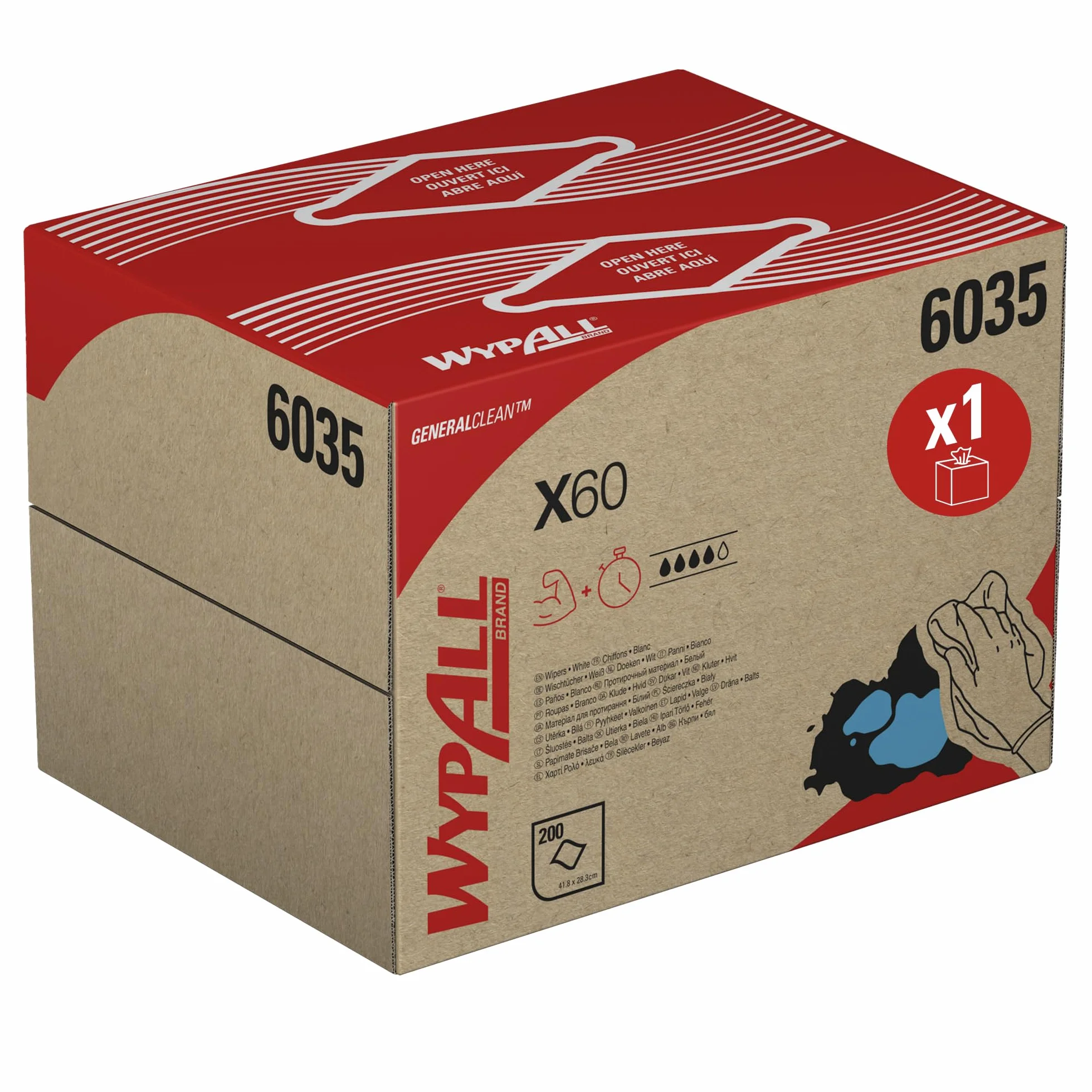 WypAll X60 Panni Industriali Multiuso 6035, Salviette Resistenti e Riutilizzabili, Alta Assorbenza, Tecnologia Hydroknit, 1 Box BRAG da 200 Panni Bianchi