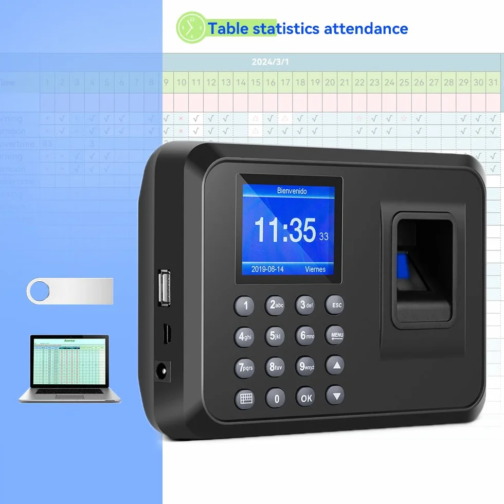 Orologi con impronte digitali per dipendenti, orologio per piccole imprese, calcola automaticamente l'orario di lavoro e detrarre l'ora di pranzo, protezione da pugno e spegnimento con unità USB 8G (0