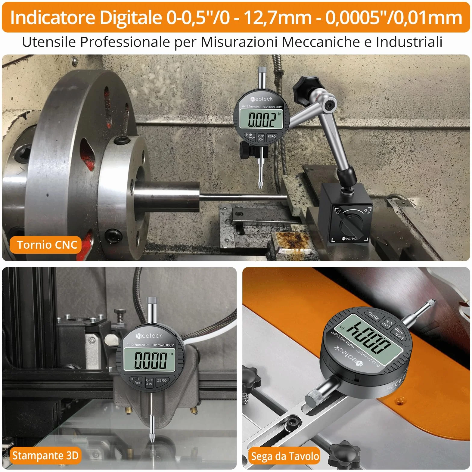 Neoteck Comparatore Centesimale Digitale 0.01mm Precisione con LCD Display Calibro Indicatore di Quadrante Professionale 0-12.7mm/0.5" Commutazione mm/inch per Meccanici Officina Laboratorio