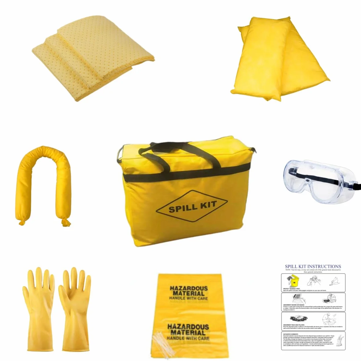 Kit Anti-Inquinamento Universale – Kit Antisversamento per Piccole Fuoriuscite, Assorbe Oli, Acqua, Solventi e Refrigeranti, Assorbenti, Guanti e Sacco (Giallo -20 Panni Assorbenti)