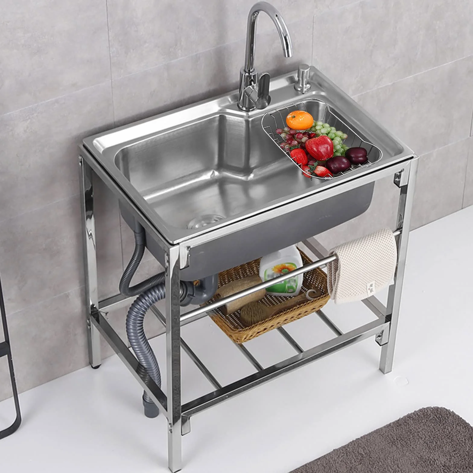 Lavello Cucina Commerciale TAITUTE Mobile Lavello Acciaio Inox Con Supporto 1 Vasca Inossidabile Con Rubinetto Acqua Calda E Fredda Per Garage Ristorante Lavanderia Interni Ed Esterni,71x45x75cm