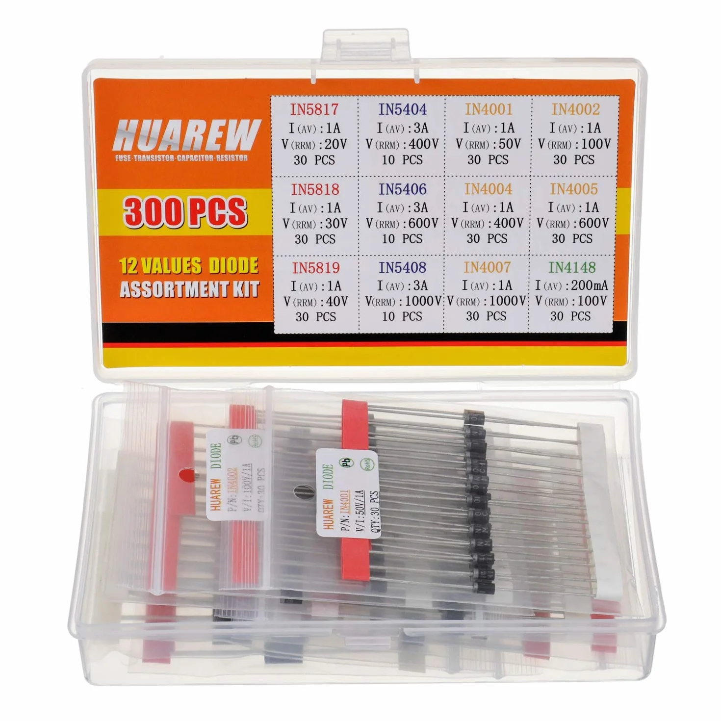 Diodi raddrizzatori kit 300 pezzi 1N4001 1N4002 1N4004 1N4005 1N4007 1N5404 1N5406 1N5408 Diodi Schottky 1N5817 1N5818 1N5819 Diodi di commutazione 1N4148