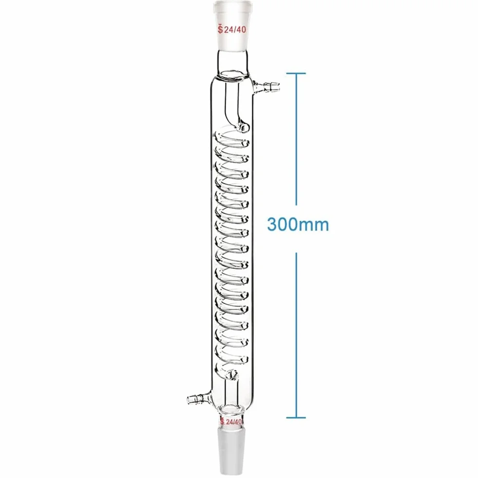 Condensatore in vetro borosilicato con raccordo 24/40, lunghezza giacca da 300 mm, tubo condensatore a serpentina, facile da installare