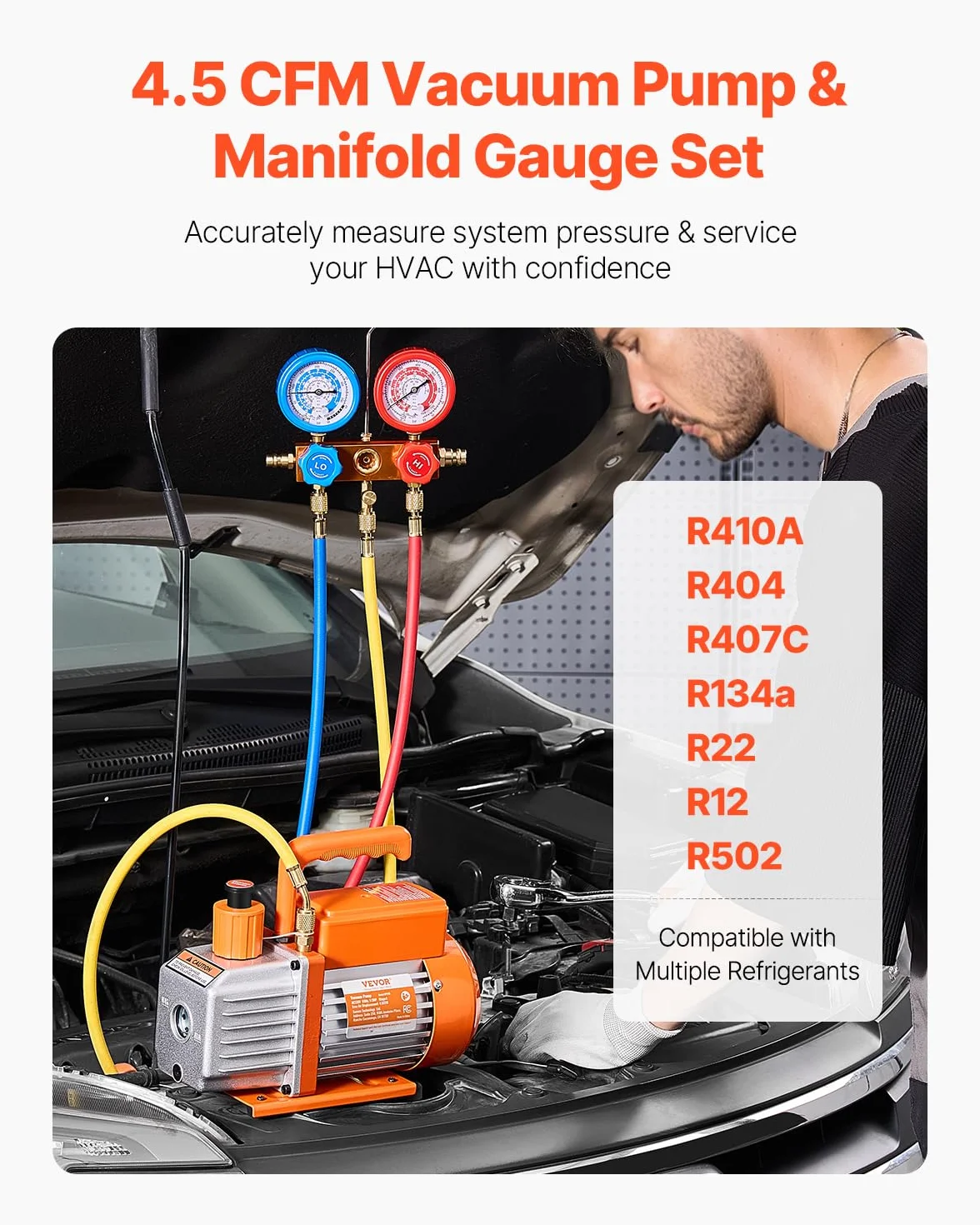 VEVOR Pompa per Vuoto e Manometro AC 2,12L/s, Pompa per Vuoto ad Aria HVAC, Kit Manometro Collettore Refrigerante A/C, con Tubi Rilevatori di Perdite, per R134a, R12, R22, R502a, R410A, R404, R407C