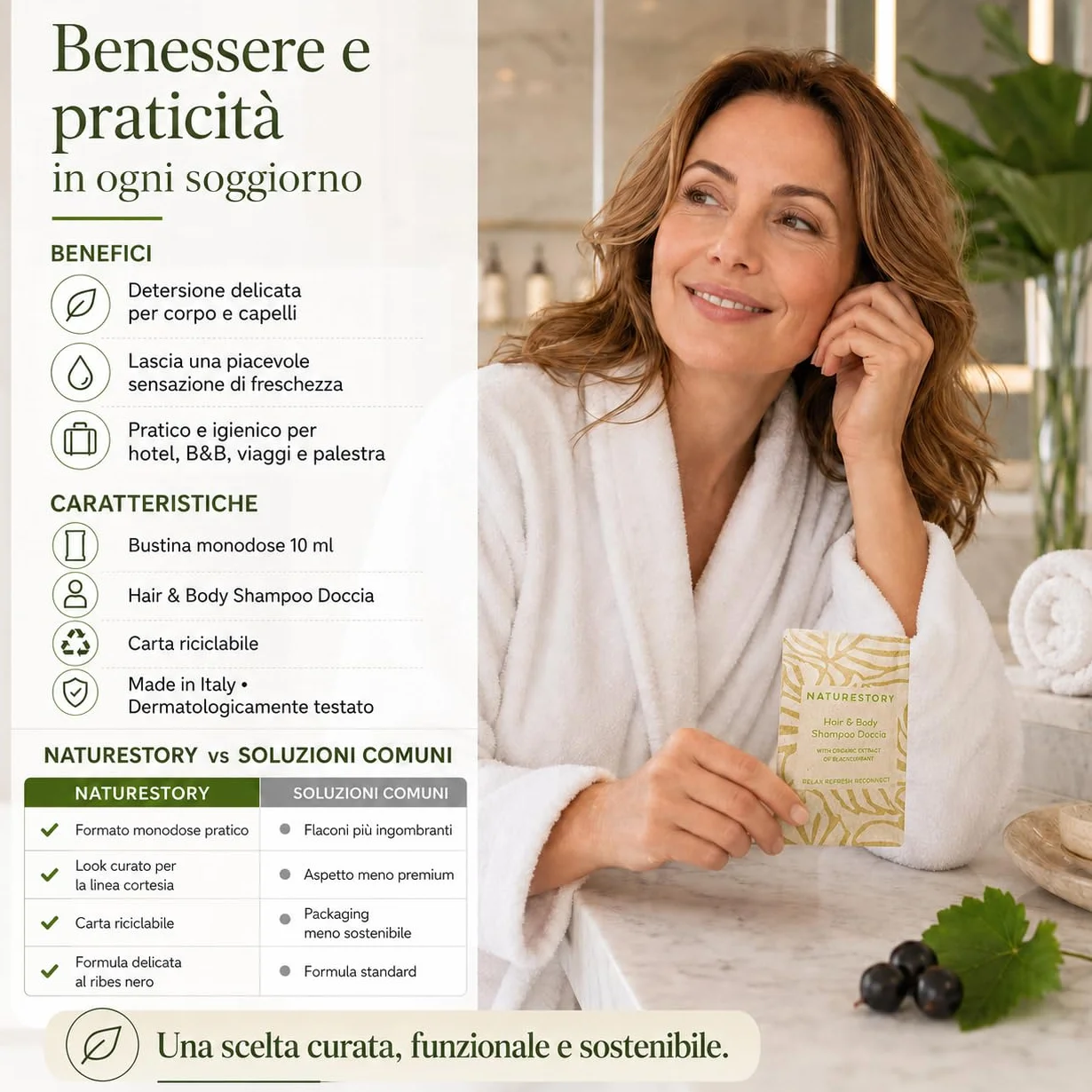 Bustine Shampoo Doccia Hotel 10 ml Monodose – Linea Cortesia B&B Made in Italy, Delicato con Ribes Nero, Eco Carta Riciclabile