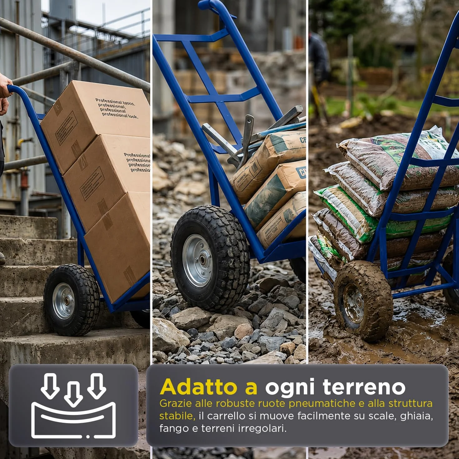 Avilia - Carrello Portapacchi con 2 Ruote Pneumatiche – Struttura in Metallo, 250 kg | Carrello Saliscale con Manico Ergonomico, Multiuso Traslochi, Edilizia, Terreno (Blu, Chilogrammi, 250)