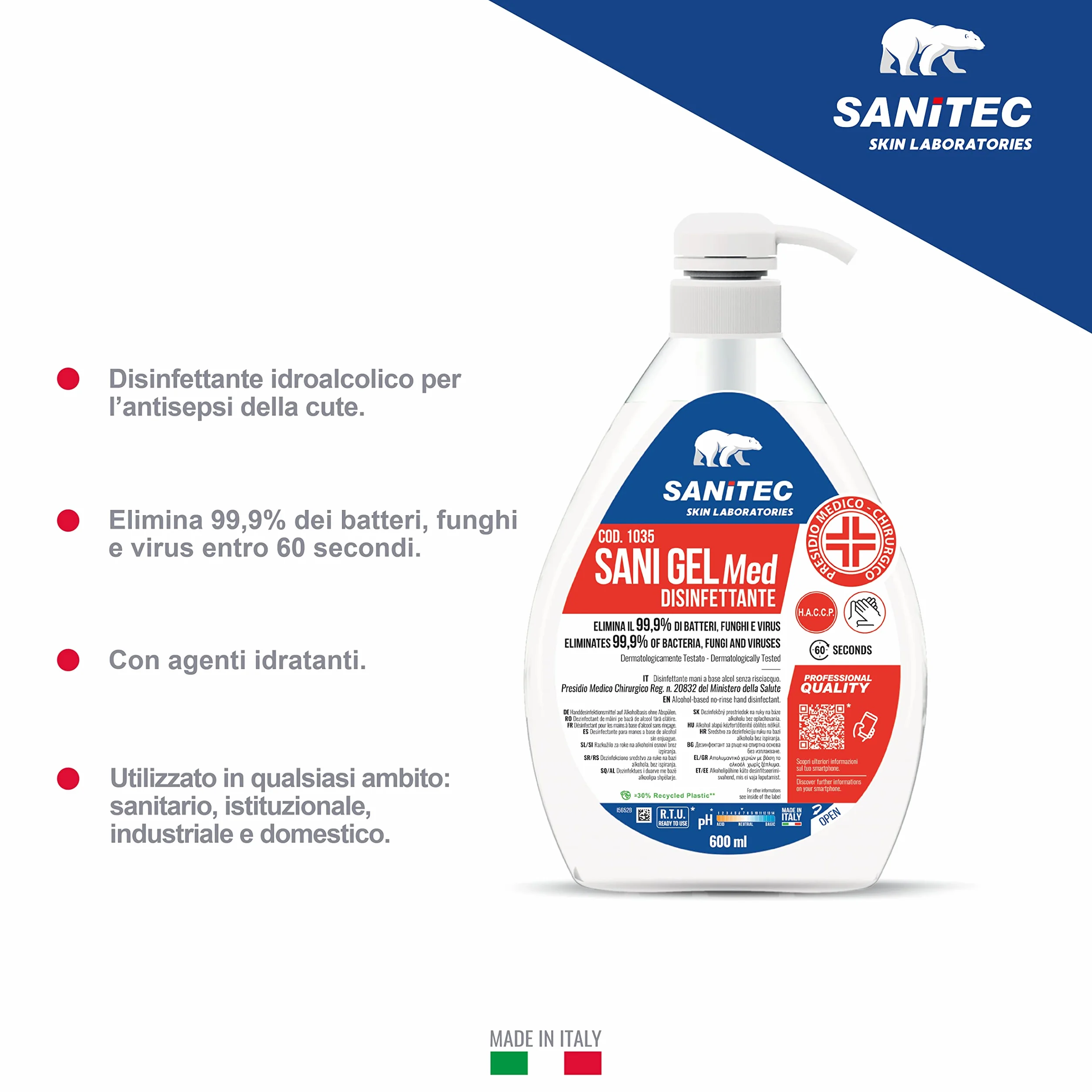 Sanitec Sani Gel Med Disinfettante Mani a Base di Alcol senza Risciacquo 6x600 ml