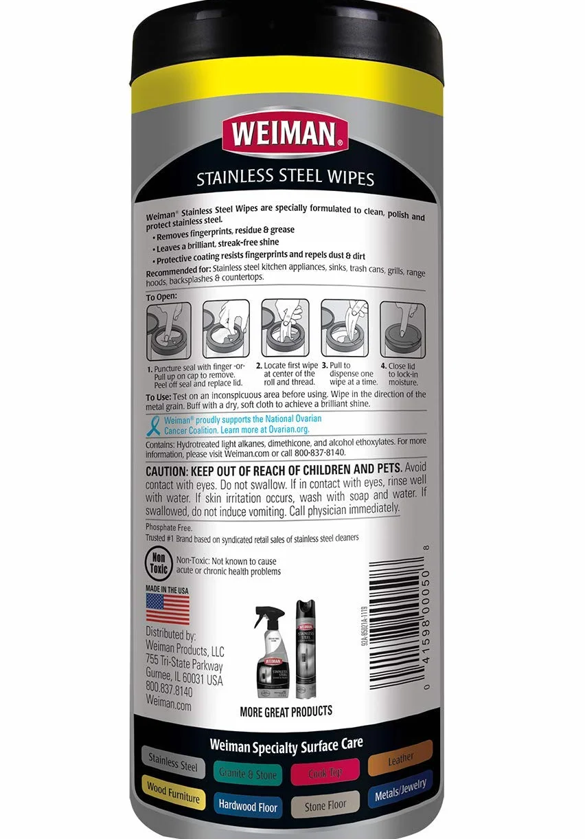 Weiman Stainless Steel Wipes - Salviette per la Pulizia di Superfici in Acciaio Inossidabile - Confezione da 2