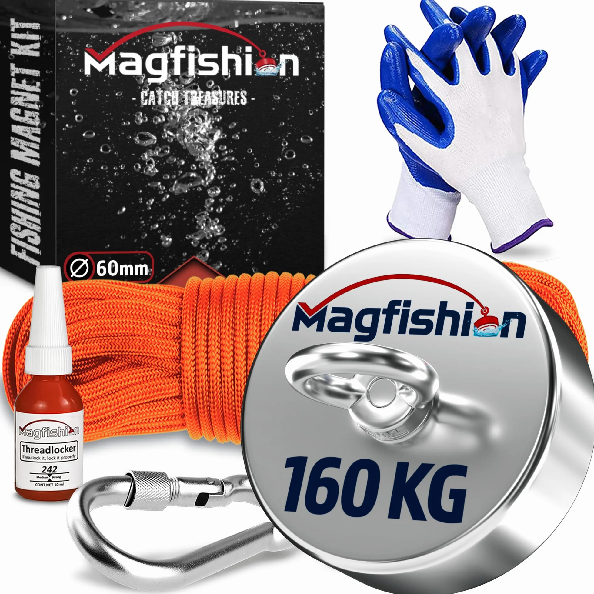 MAGFISHION Calamita Potente - Set di Magnete da Pesca - Forza di Trazione 160KG - Ø60mm - Magneti al Neodimio - Calamite Potenti con Corda (20M) & Guanti - Magnet Fishing