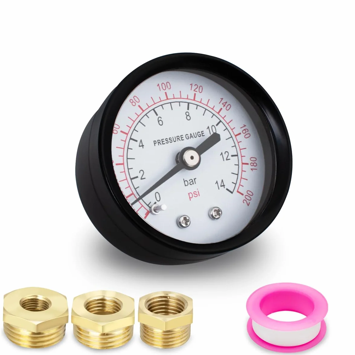 1 Pz 40 mm pompa pozzo manometro BSP 1/8“ 0-14 Bar 0~200 Psi con 3 pezzi boccola 1/8” a 1/4“, 1/8” a 3/8“ e 1/8” a 1/2” un nastro di teflon, assiale