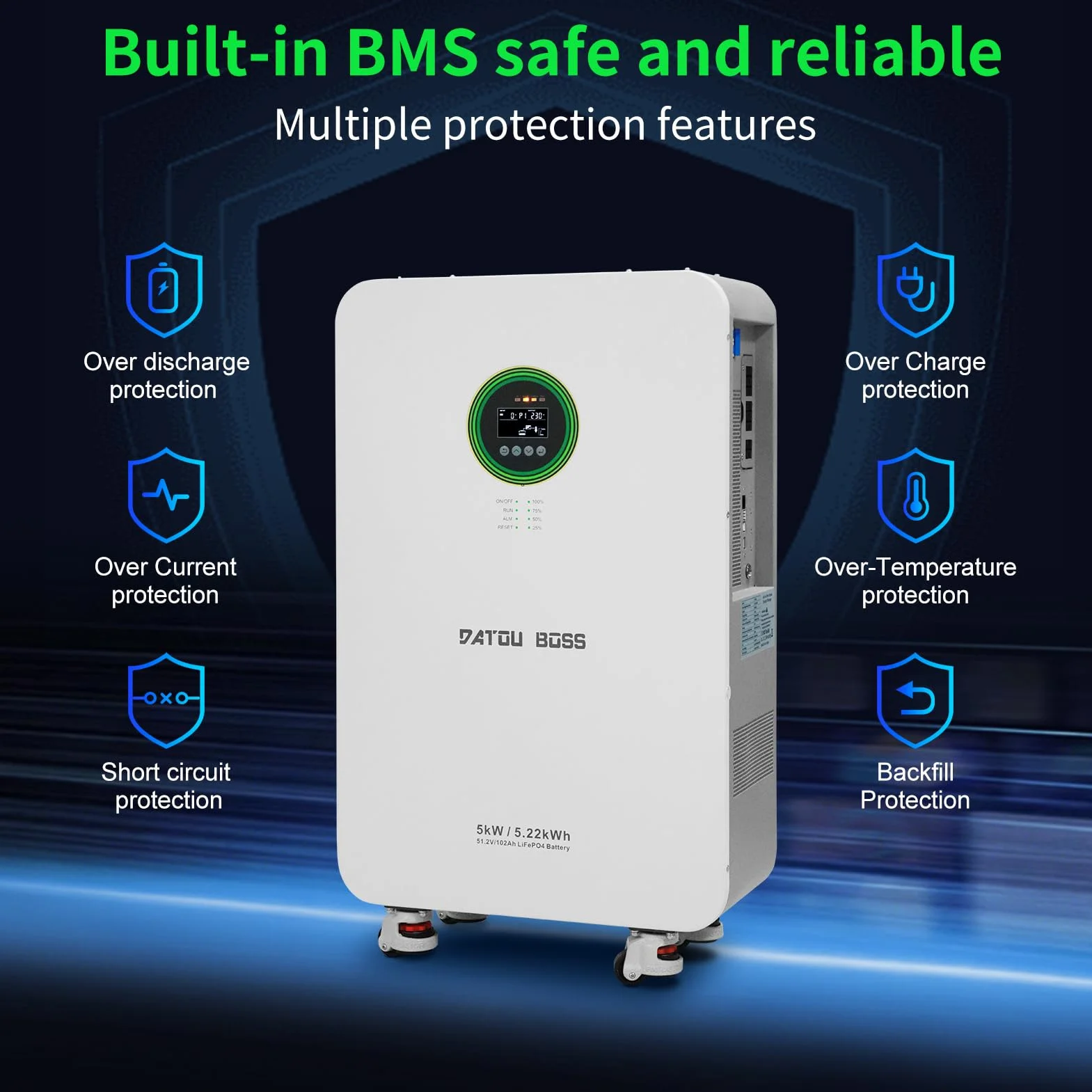 DATOUBOSS 5000W Inverter Ibrido Solare 48V+Batteria LiFePO4 48V 102Ah 5,22 kWh,6000+cicli,integrata BMS,ideale per Solare, Off-Grid,Centrale Elettrica.