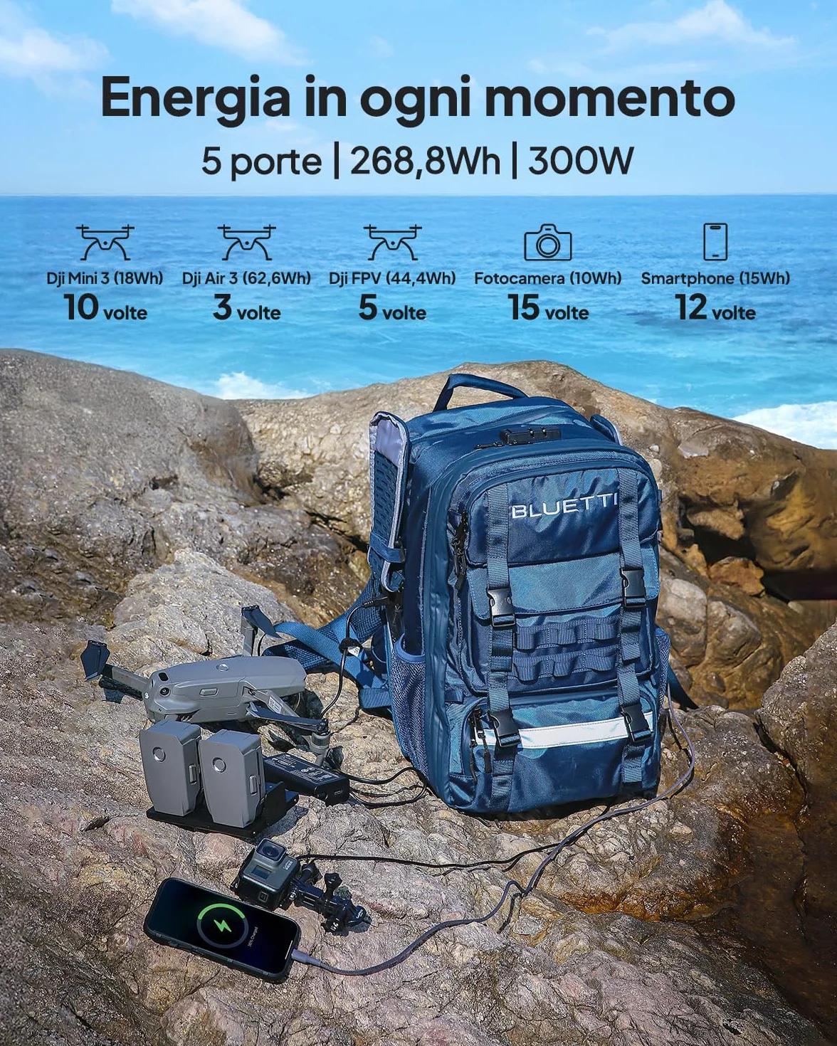 BLUETTI Handsfree 1 Centrale Elettrica a Zaino con 60W Pannello Solare, 268,8Wh 300W Batteria LFP con 42L Zaino, Tutto in Uno Sistema di Energia Solare per Campeggio, Fotografia,Viaggio