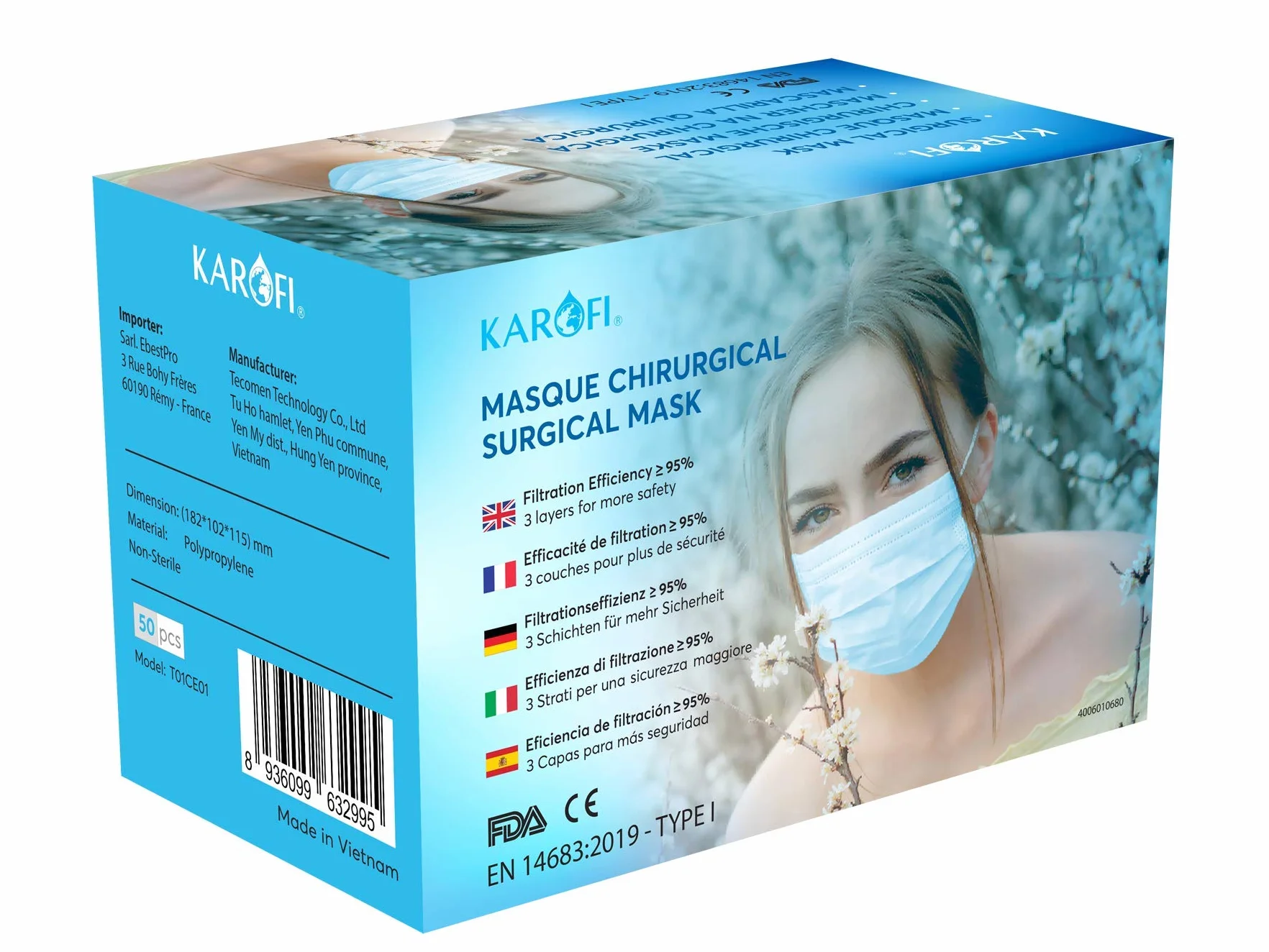 Mascherine Chirurgiche TIPO I MEDICO 3 STRATI BFE ≥95% CE EN 14683 2019 pacco 50