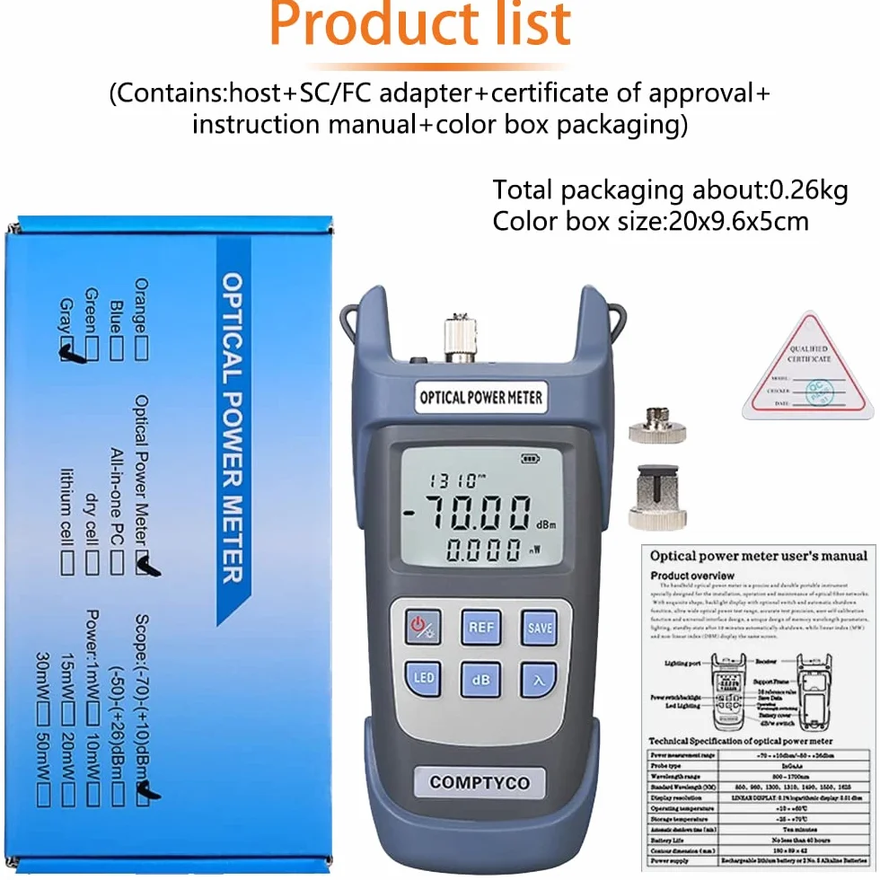 Fibra Ottica Power Meter -70dBm~+10dBm SC/FC FTTH Tester 850~1625nm