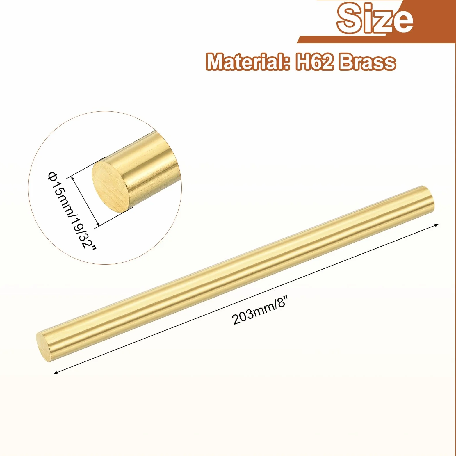 sourcing map 1 asta rotonda in ottone massiccio da 19/32" (15 mm), lunghezza 203 mm, H62, barra rotonda in ottone per fai da te, artigianato e costruzione industriale