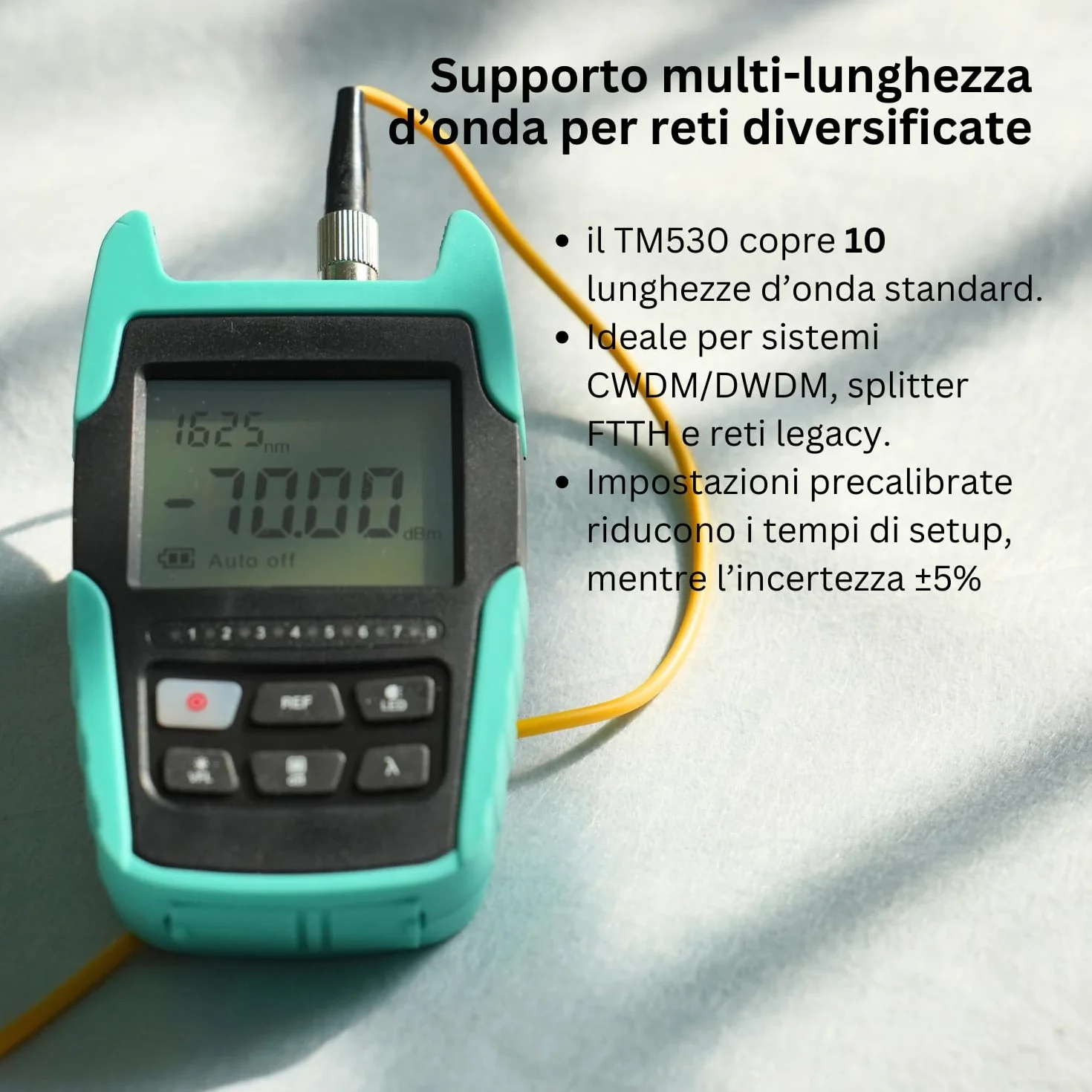 TM530 Tester per fibra ottica Misuratore di potenza ottico 4-in-1 con batteria ricaricabile, power meter fibra ottica multifunzionale con localizzatore visivo dotato di VFL RJ45 luce LED