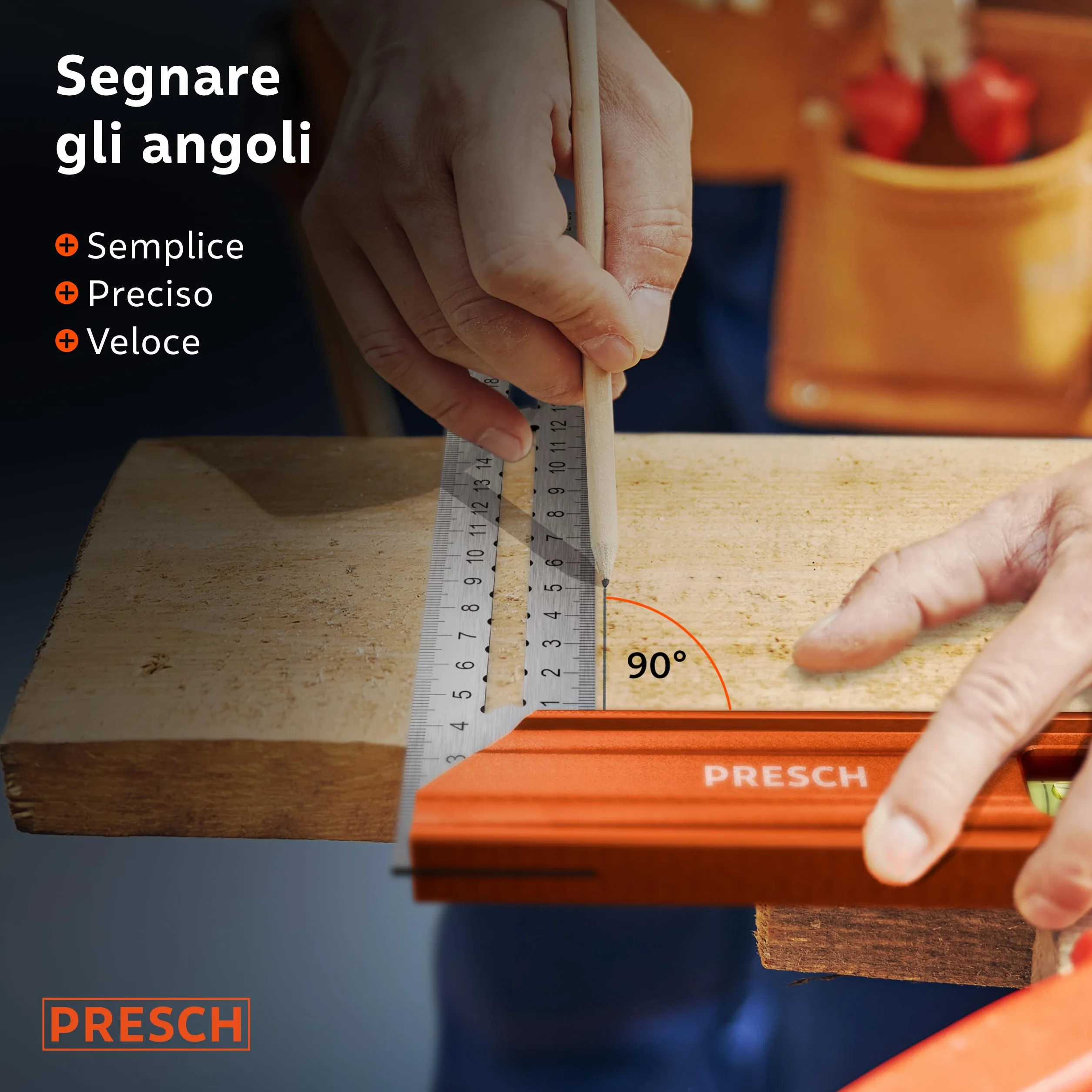 Presch Squadra da 300 mm 90° 45° con bolla di livello e indicatore di marcatura antiruggine