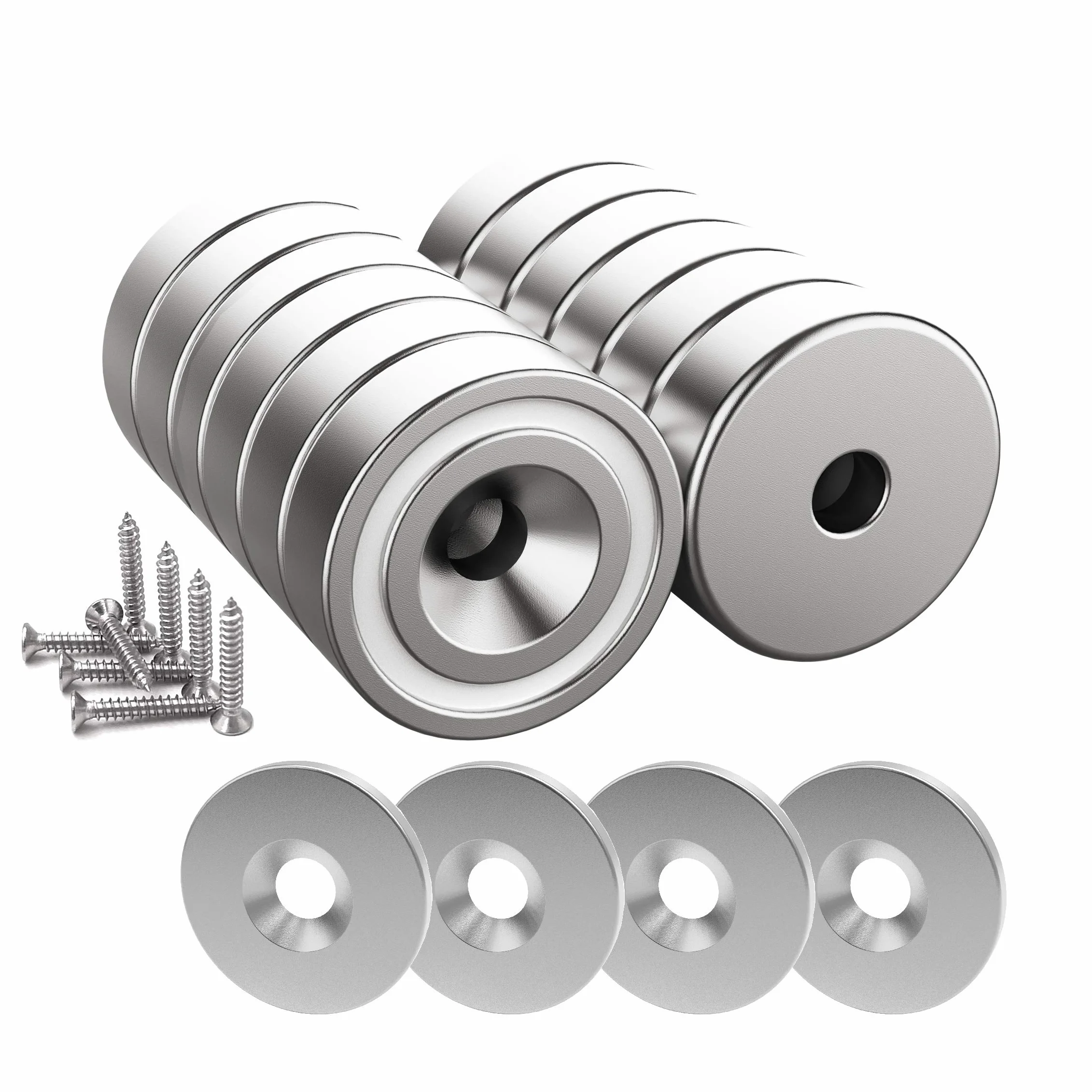 Magnetpro 12 pezzi magneti 10 KG forza 20 x 7 mm con foro e capsula, magnete al neodimio con base in acciaio svasato con viti e 12 cuscini in acciaio (Argento Brillante)