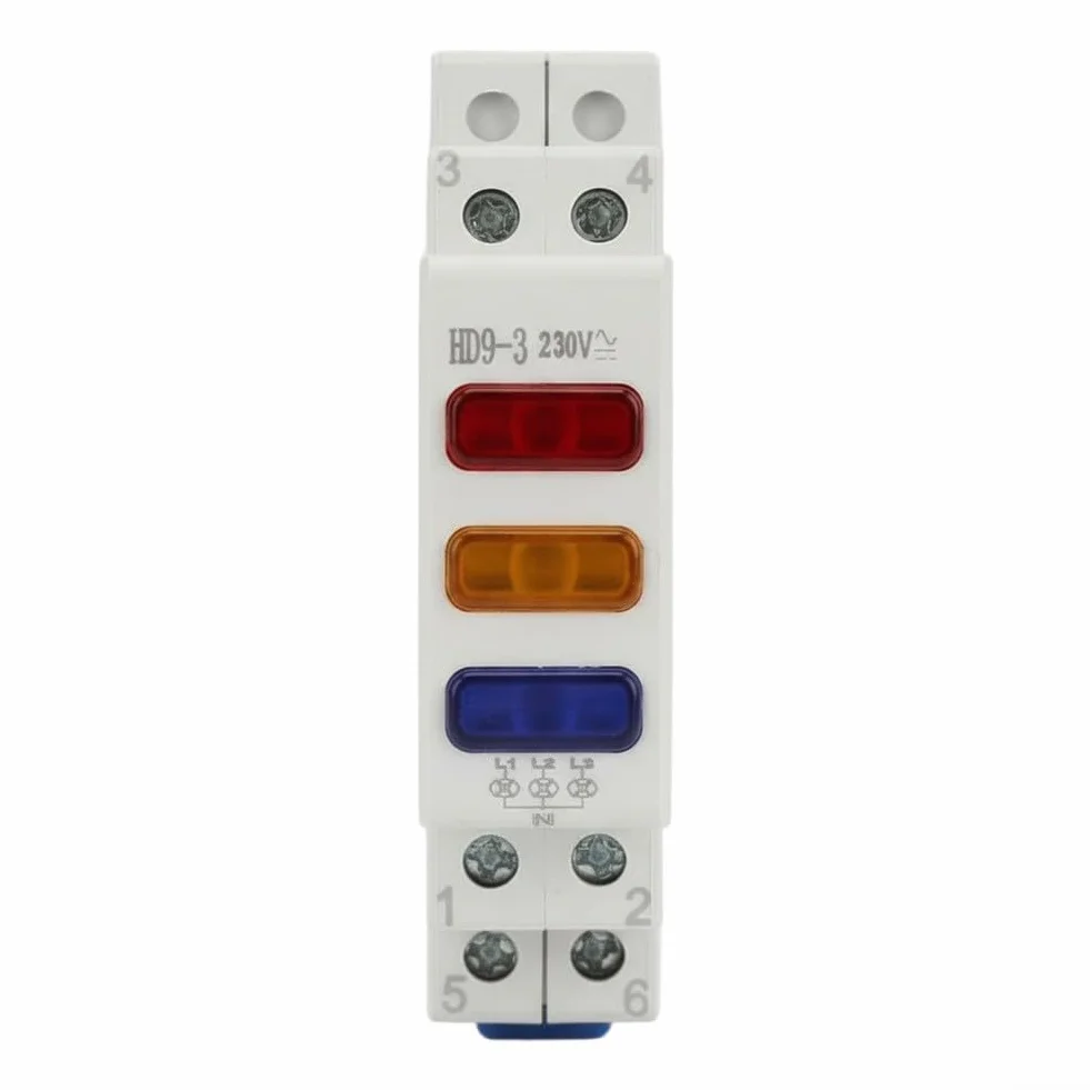 Lampada di segnalazione su guida DIN 230V AC con tecnologia di illuminazione a LED e alloggiamento termicamente stabile per ciclo di lavoro continuo (rosso+giallo+blu)