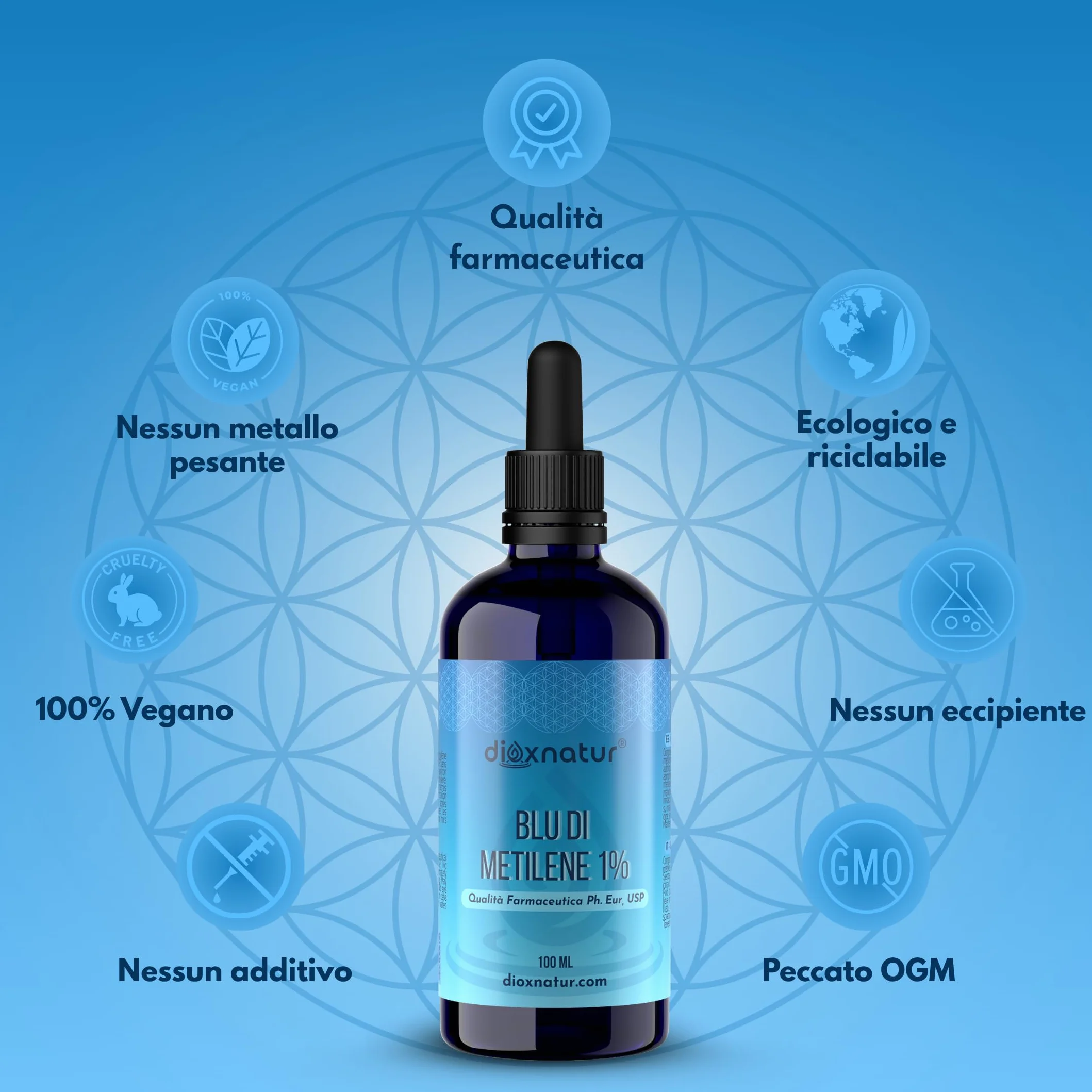 Blu di Metilene 1% USP 100 ml, Alta Purezza, Pipetta Integrata