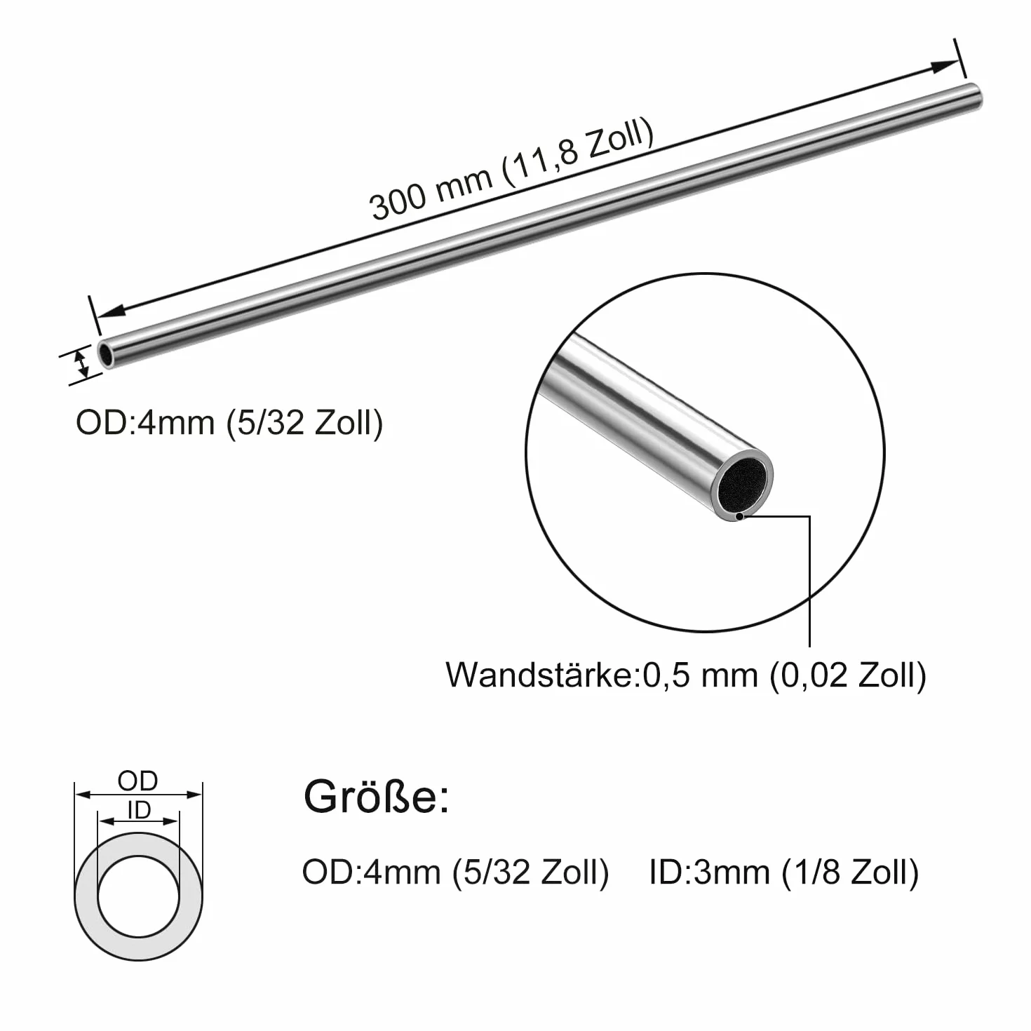 Tubo in Acciaio Inox Ø4mm (5/32") V2A Lunghezza 300mm 6 Pezzi