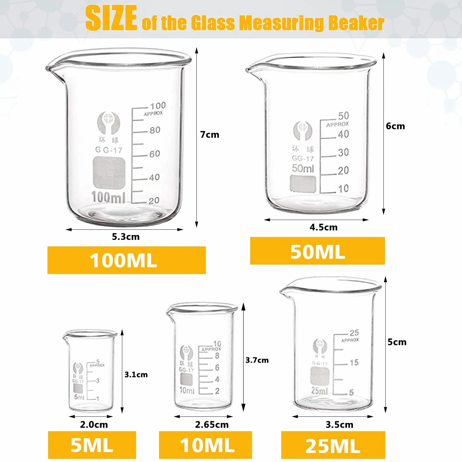 Becher Graduati Vetro Borosilicato 100 ml 50 ml 25 ml 10 ml 5 ml per Laboratorio