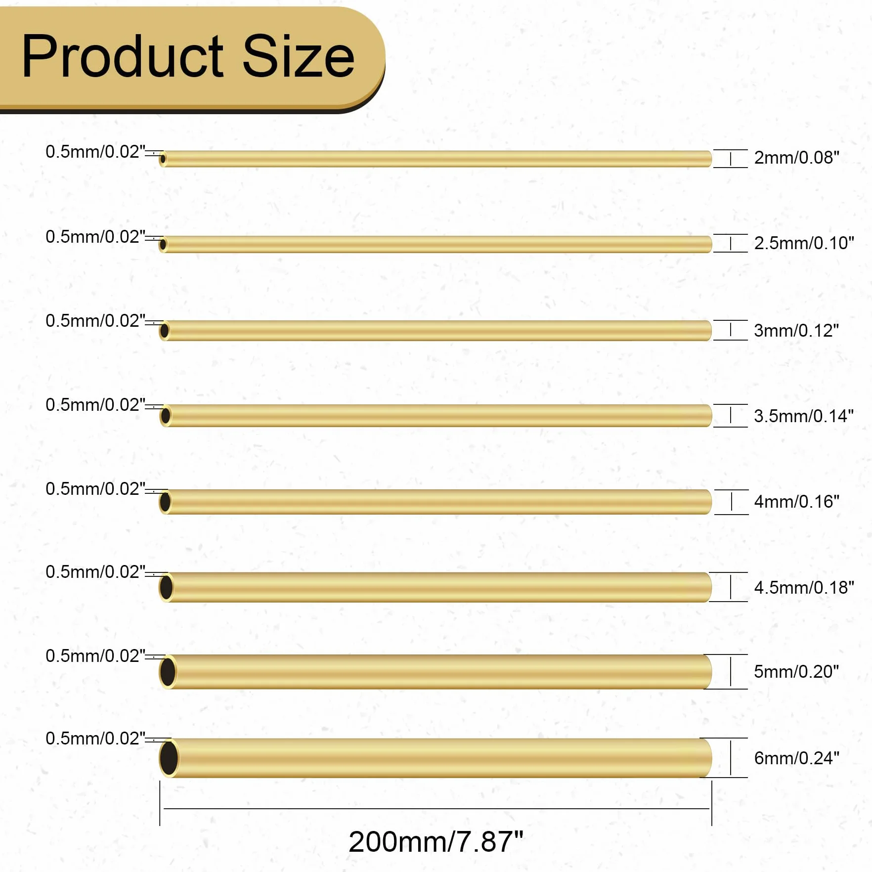 Set di tubi in ottone, 8 pezzi, 2-6 mm OD x 0,5 mm parete, lunghezza 200 mm
