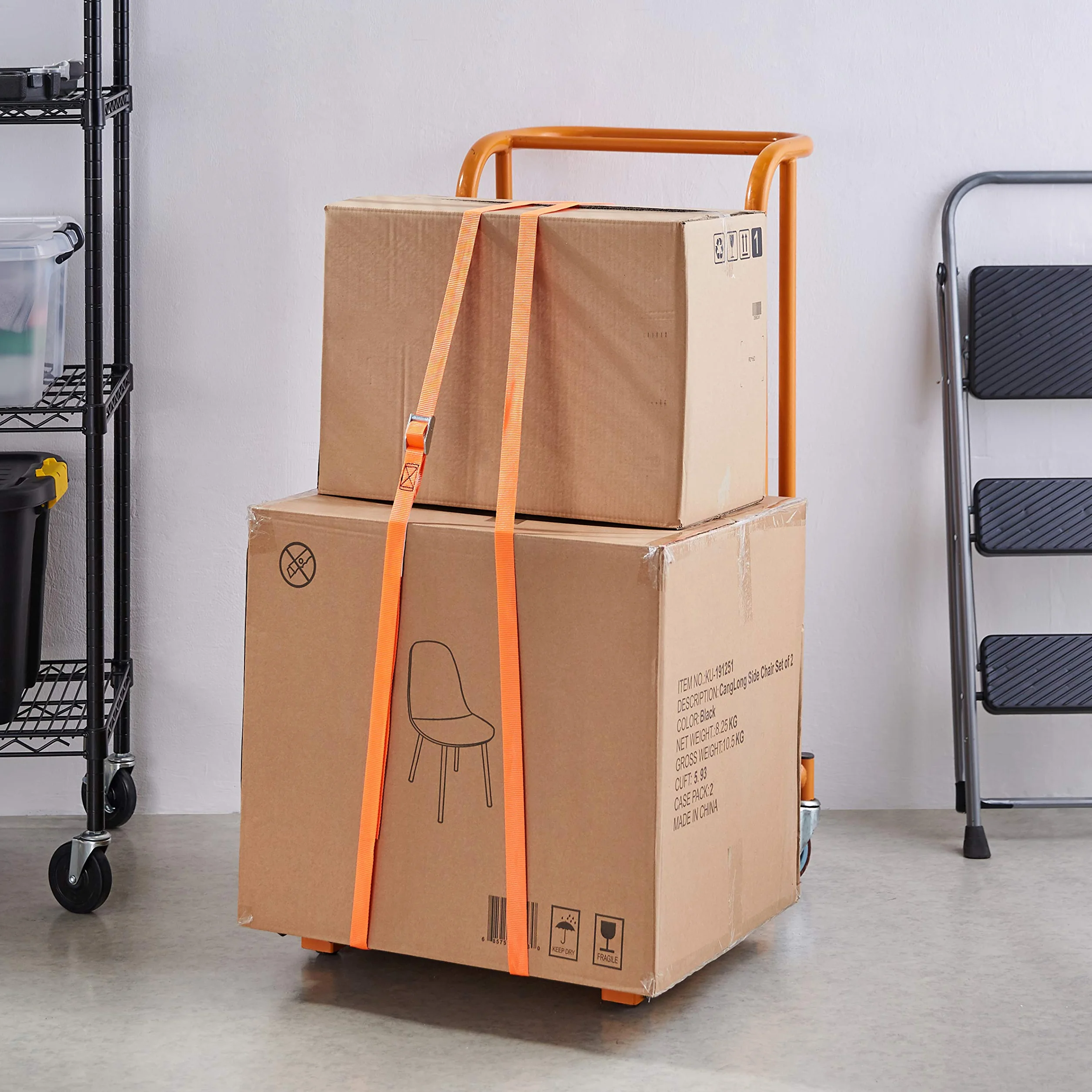 Amazon Basics Cinghie di fissaggio, lunghezza 6 m, larghezza 25 mm, capacità di carico 150 kg, conformi a DIN EN 12195-2, 4 unità, confezione da 1, colore arancione