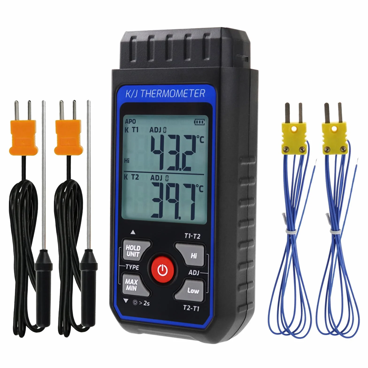 Termometro digitale a doppio canale tipo K/J con 4 termocoppie, campo -328~2501℉, strumento di misurazione temperatura HVAC con allarme