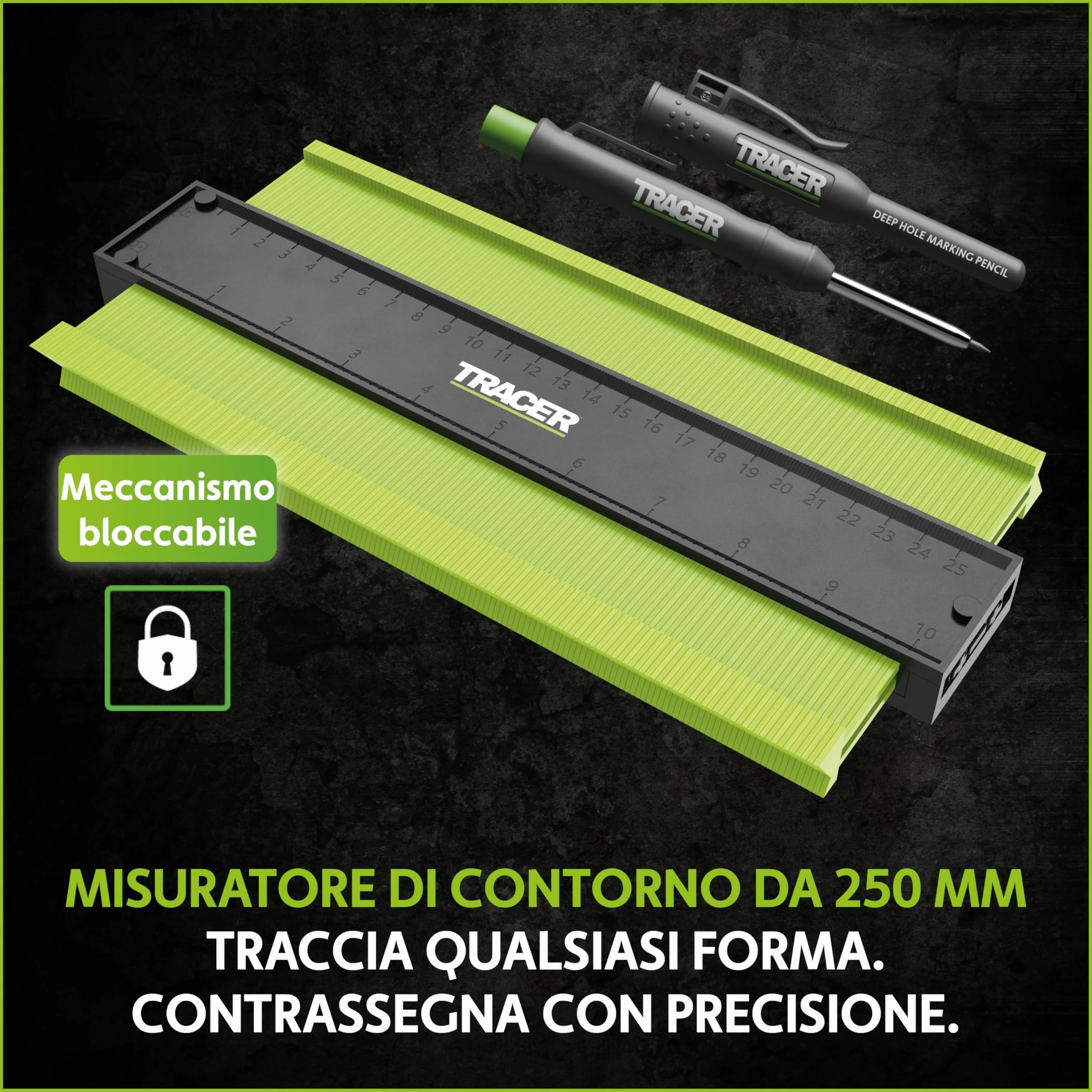 TRACER - Calibro per contorni, 250 mm, con matita per lavori di costruzione con fori profondi, set di matite per carpentieri