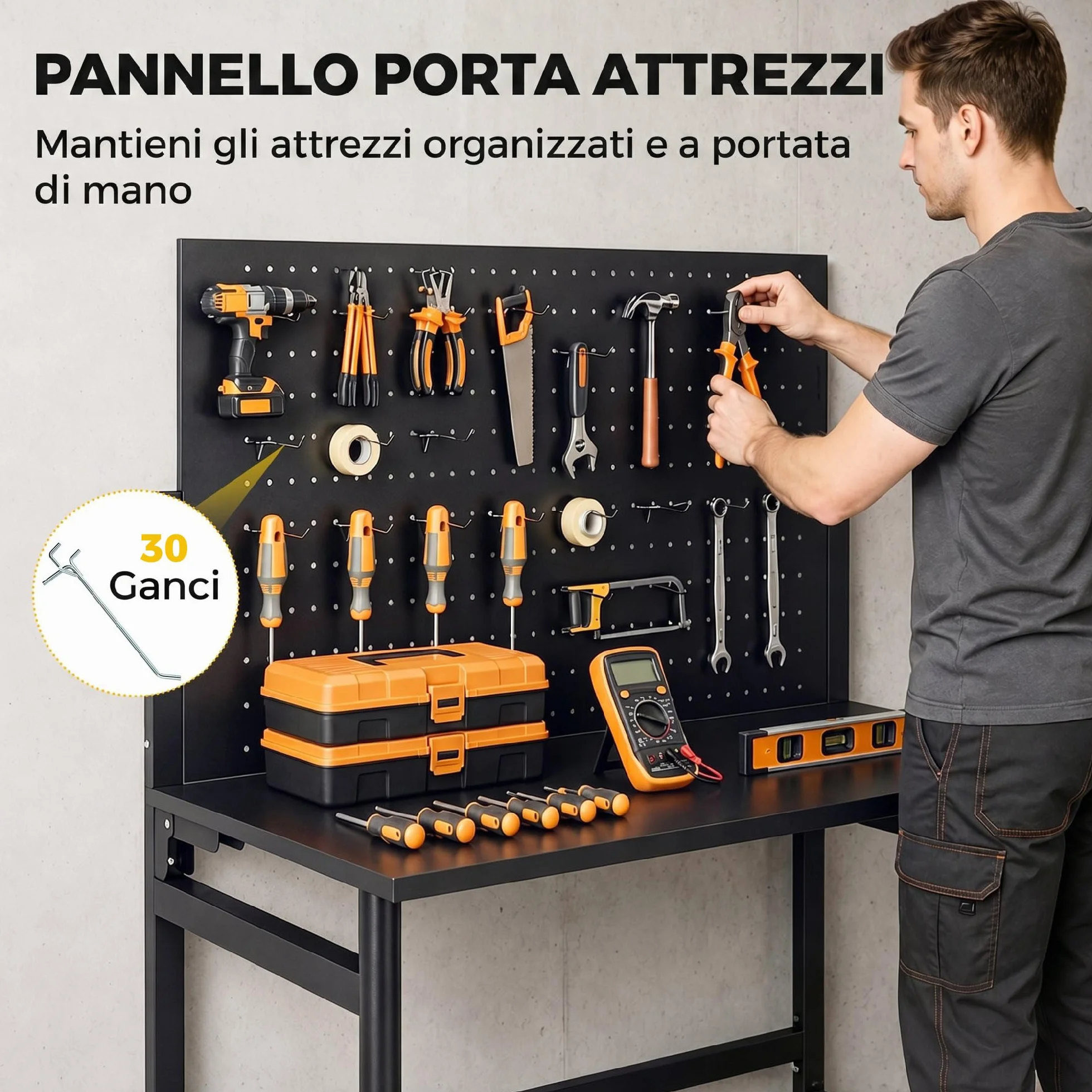 HOMCOM Banco da Lavoro Pieghevole 9cm, Tavolo da Lavoro con Pannello Forato e 30 Ganci, Ruote, 115x62x143.5cm, Piano Spesso in Legno, Struttura in Acciaio, Garage, Officina e Casa, Portata 120kg, Nero