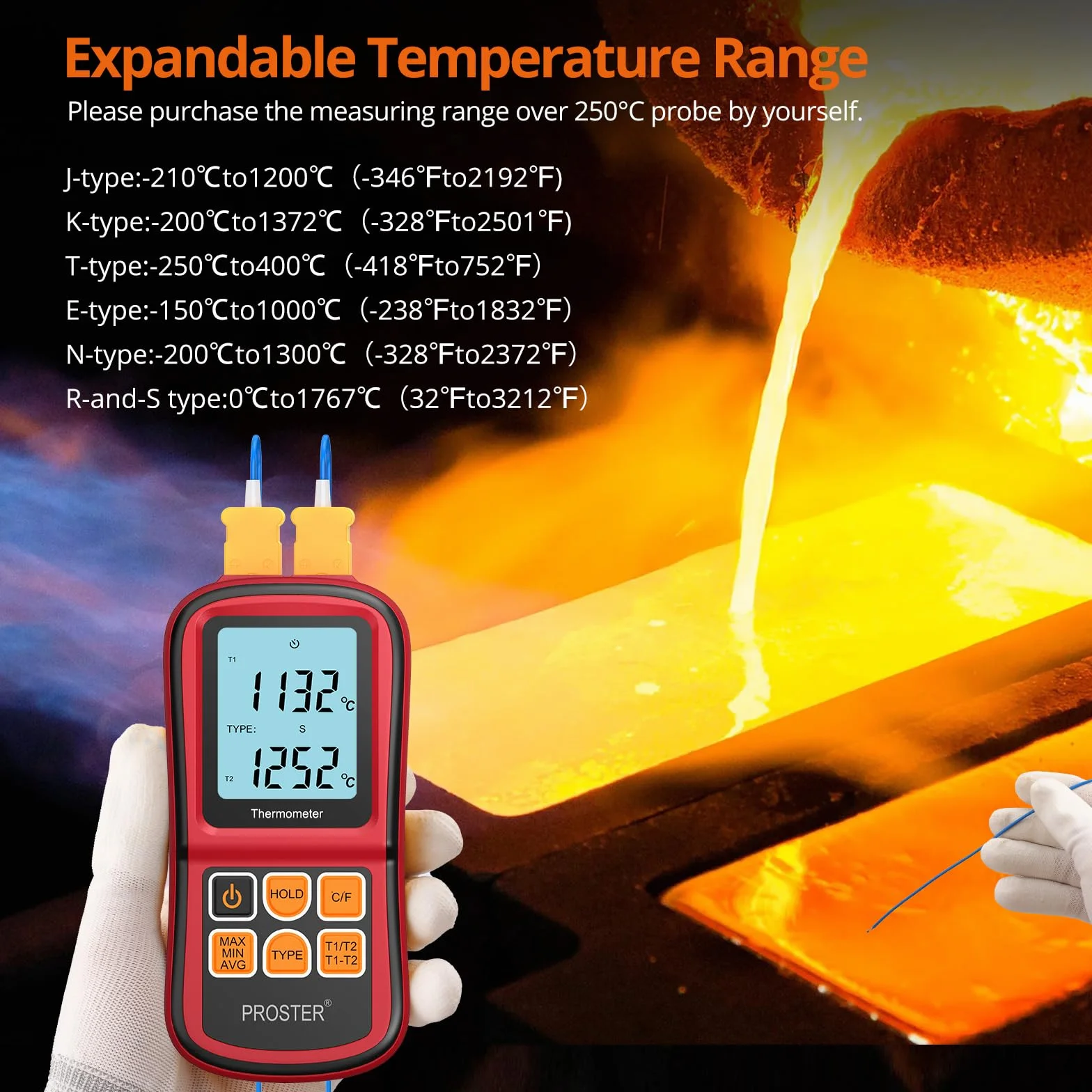 Proster Termometro Digitale a Doppio Canale con Due Termocoppie di Tipo K LCD Retroilluminato -200~1372°C
