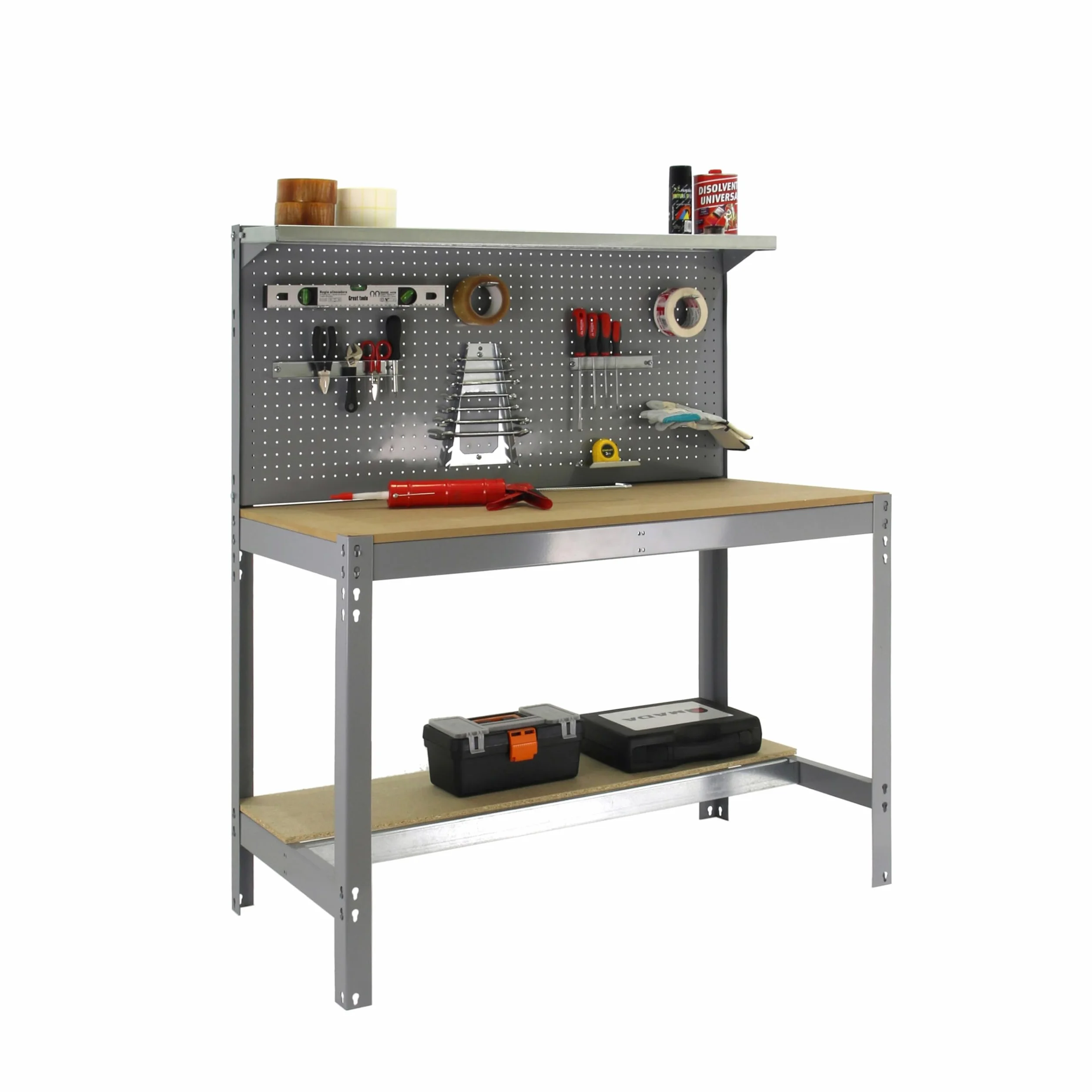 Simon Rack Banco da lavoro per officina, capacità di carico 400 kg, 1445x910x610 mm, tavolo da lavoro fai da te, Gris/Legno - BT3