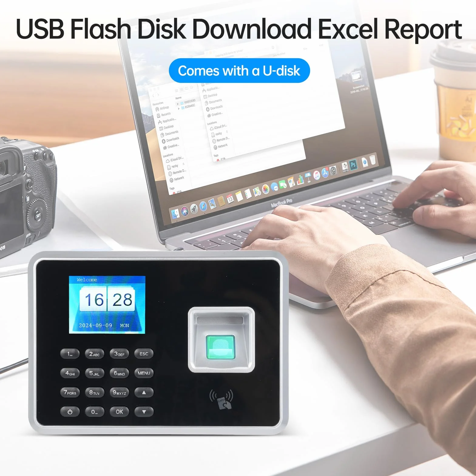 Bisofice A2 Rilevatore Presenze Dipendenti, Timbratrice Presenze con Scansione impronte digitali, RFID, Password, Timbracartellini Prompt Vocale, Display da 2,4", Argento