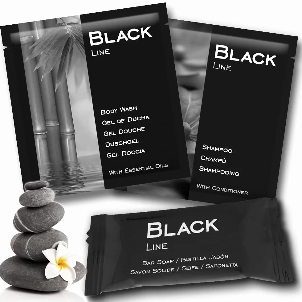 Amenities Pack BLACK Line Gel + Champu + Pastiglia Sapone 100 pz x 3 con Olio Essenziale, Senza Parabeni Prodotto nell'UE
