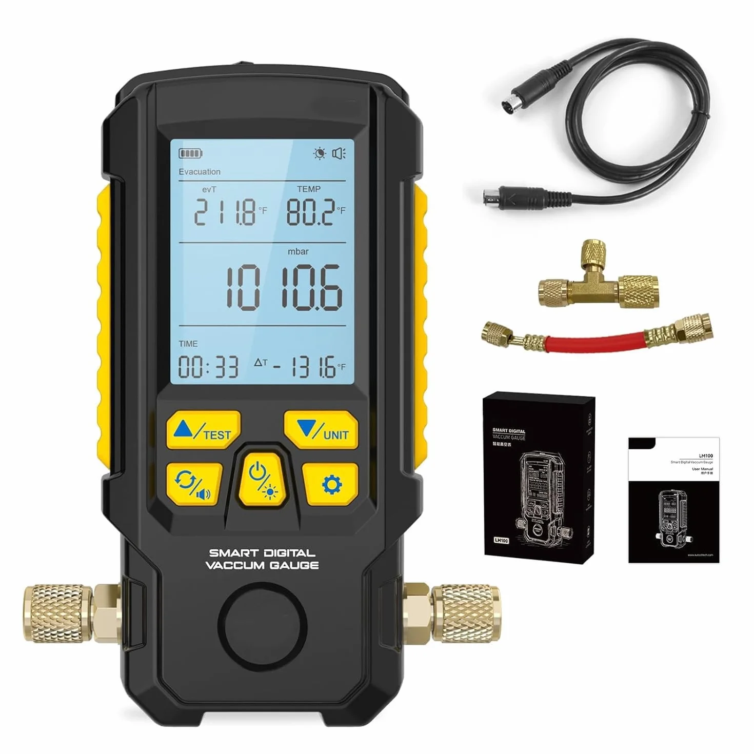 Misuratore di vuoto digitale intelligente LM100, HVAC da 0 a 2000 mbar, risoluzione 0,1 mbar, precisione ±0,2% Misuratore di vuoto Compensazione della temperatura Misuratori HVAC con 4 unità (Torr, in