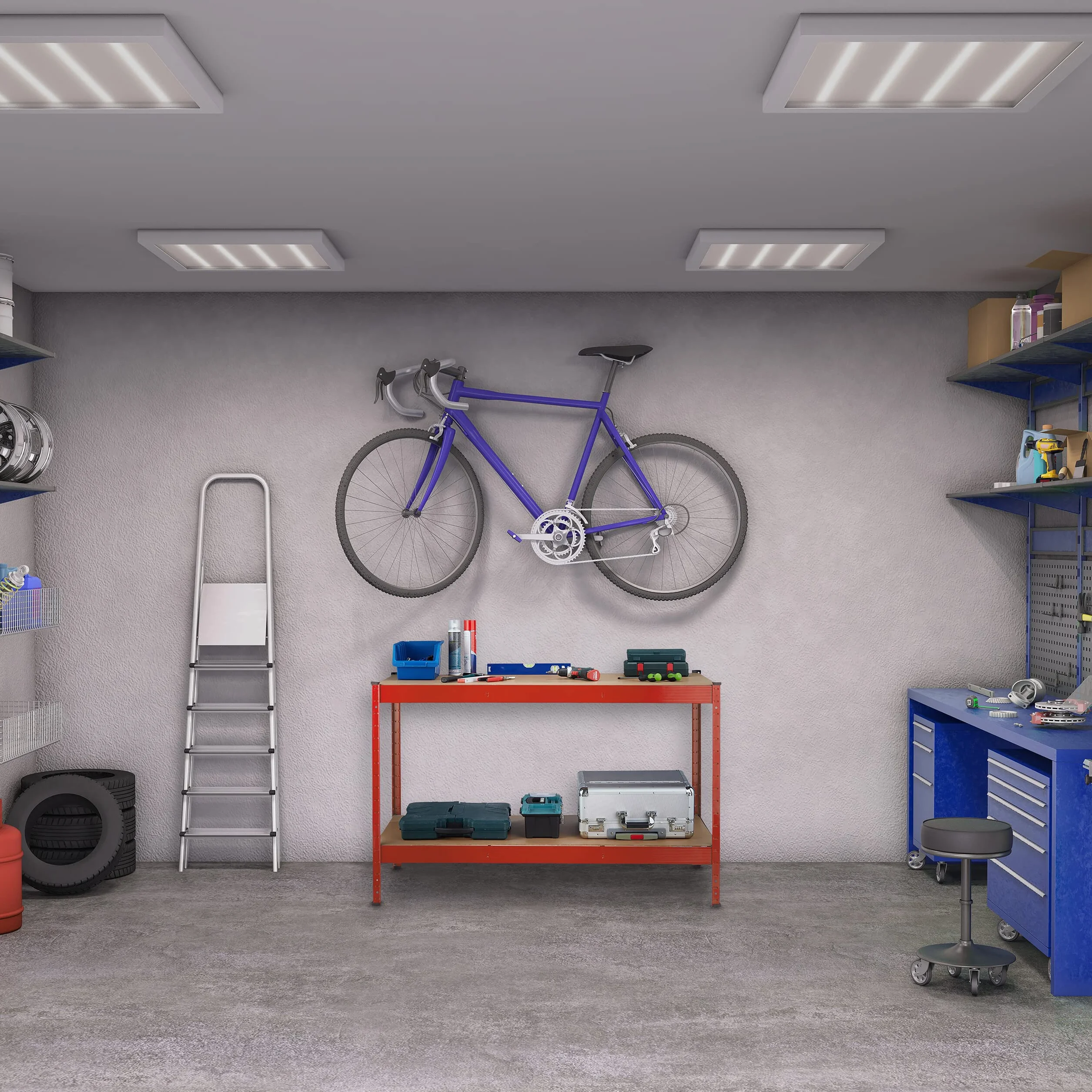 Relaxdays Banco da Lavoro Officina, Tavolo da Garage, 2 Scaffali, Altezza Regolabile, Acciaio e MDF, 91x141x61 cm, Rosso