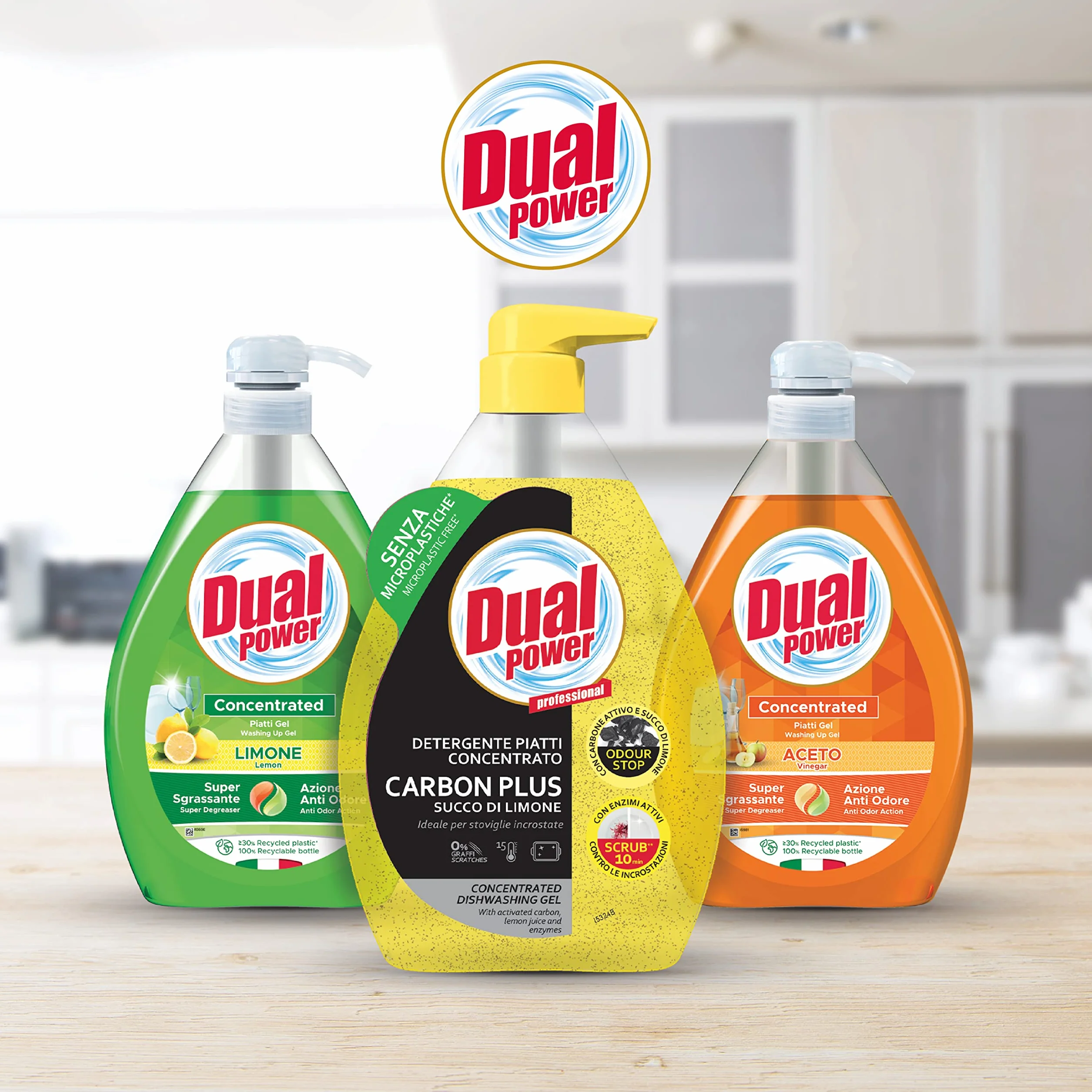 Dual Power Piatti Gel Limone, Detergente Piatti Concentrato ad Elevato Potere Sgrassante, Ideale per Stoviglie Incrostate, Azione Anti Odore, Made in Italy, 6 Dispenser da 1 L